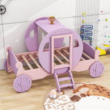 Twin Wood Girls Princess Bed with Stairs - [Carriage Bed with Crown]