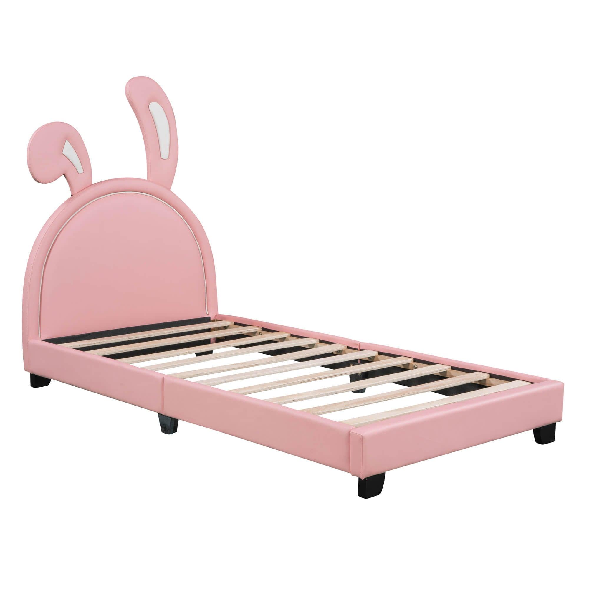 Cute Low Twin Girls Leather Upholstered Platform Bed with Headboard