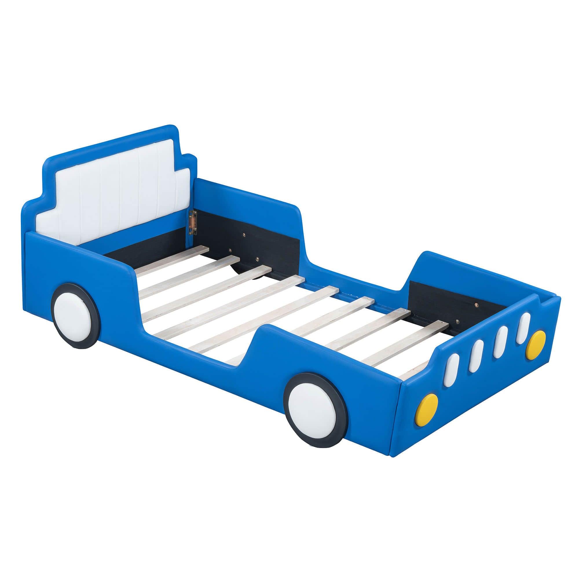 Twin Size Kids PU Leather Upholstered Car Bed for Boys and Girls