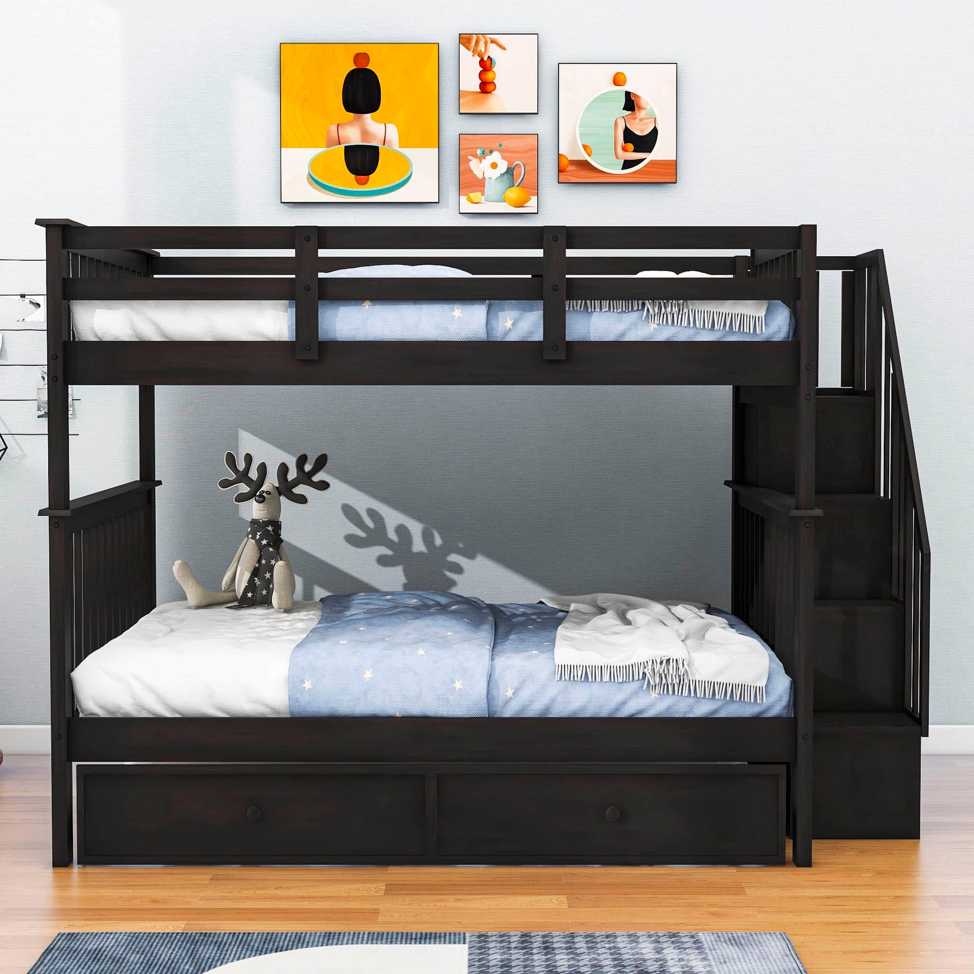 Wooden Full Over Full Bunk Beds with Trundle and Storage - [Stairs, Shelves, Detachable]