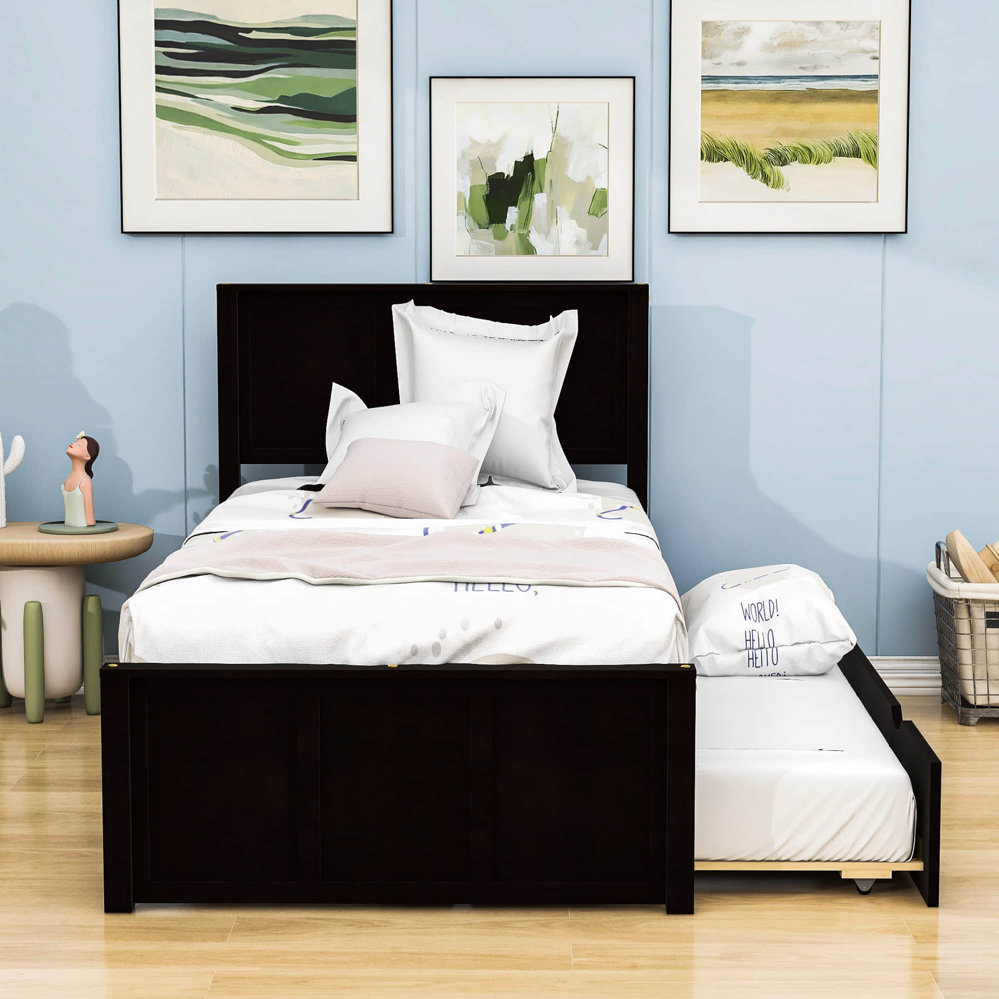 Classic Twin Platform Bed with Twin Trundle and Headboard - [Wood]