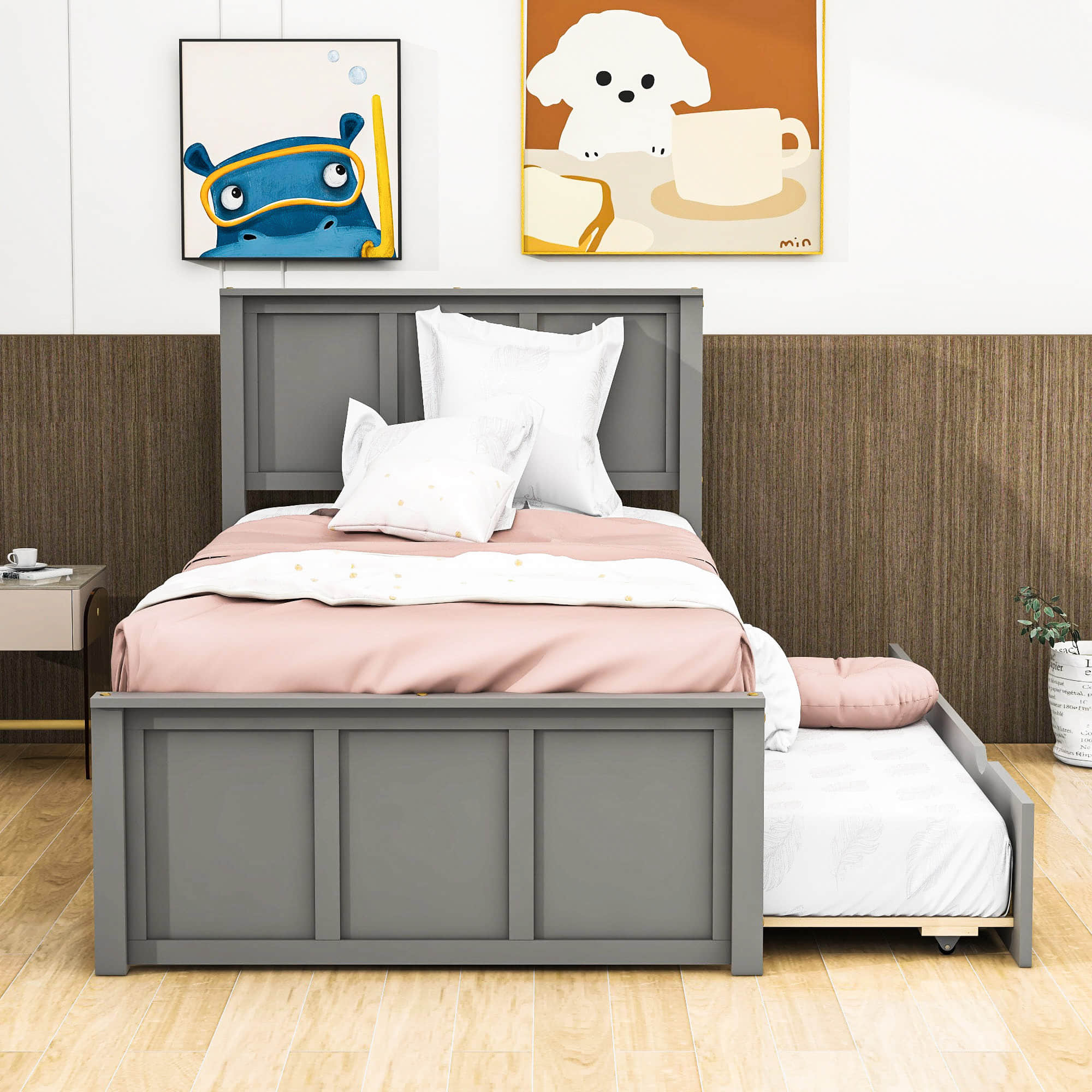 Classic Twin Platform Bed with Twin Trundle and Headboard - [Wood]