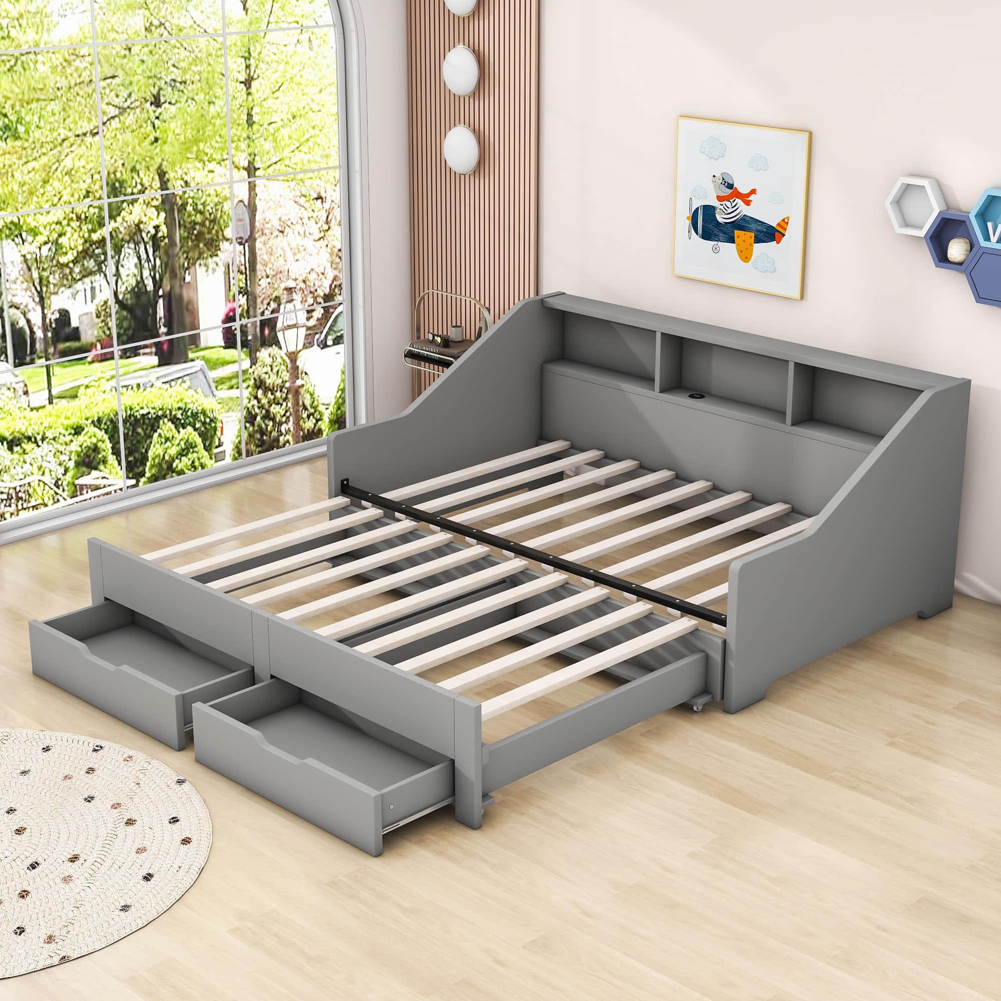 Wooden Twin to King Extendable Daybed with Pull-out Trundle and Storage