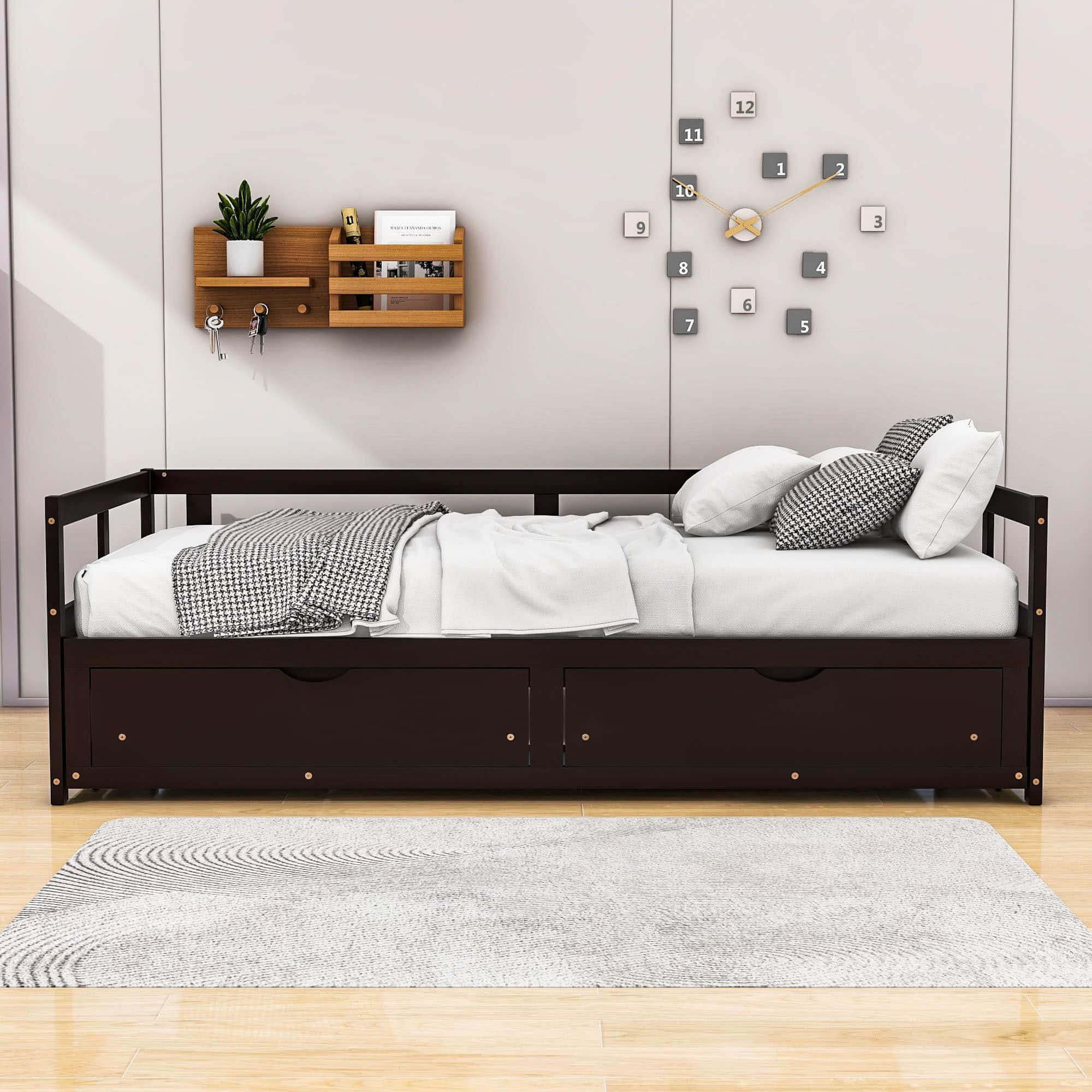 Wood Twin to King Daybed with Extendable Trundle and Storage Drawers