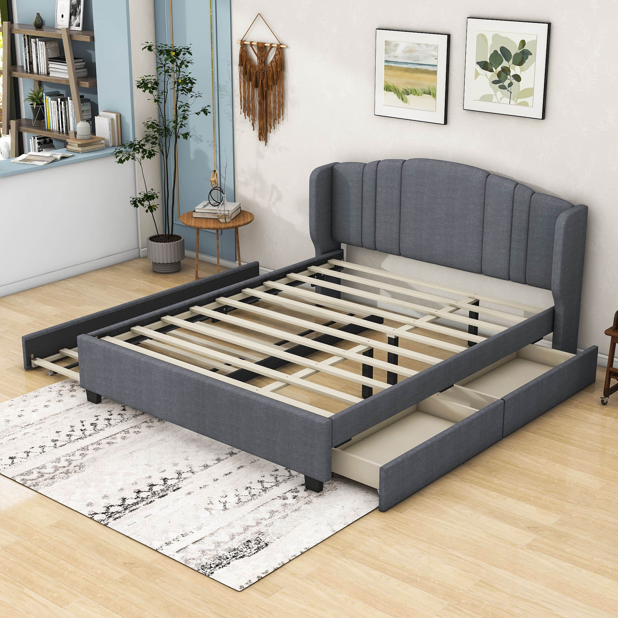 Modern Upholstered Queen Platform Bed Frame with Headboard and Storage