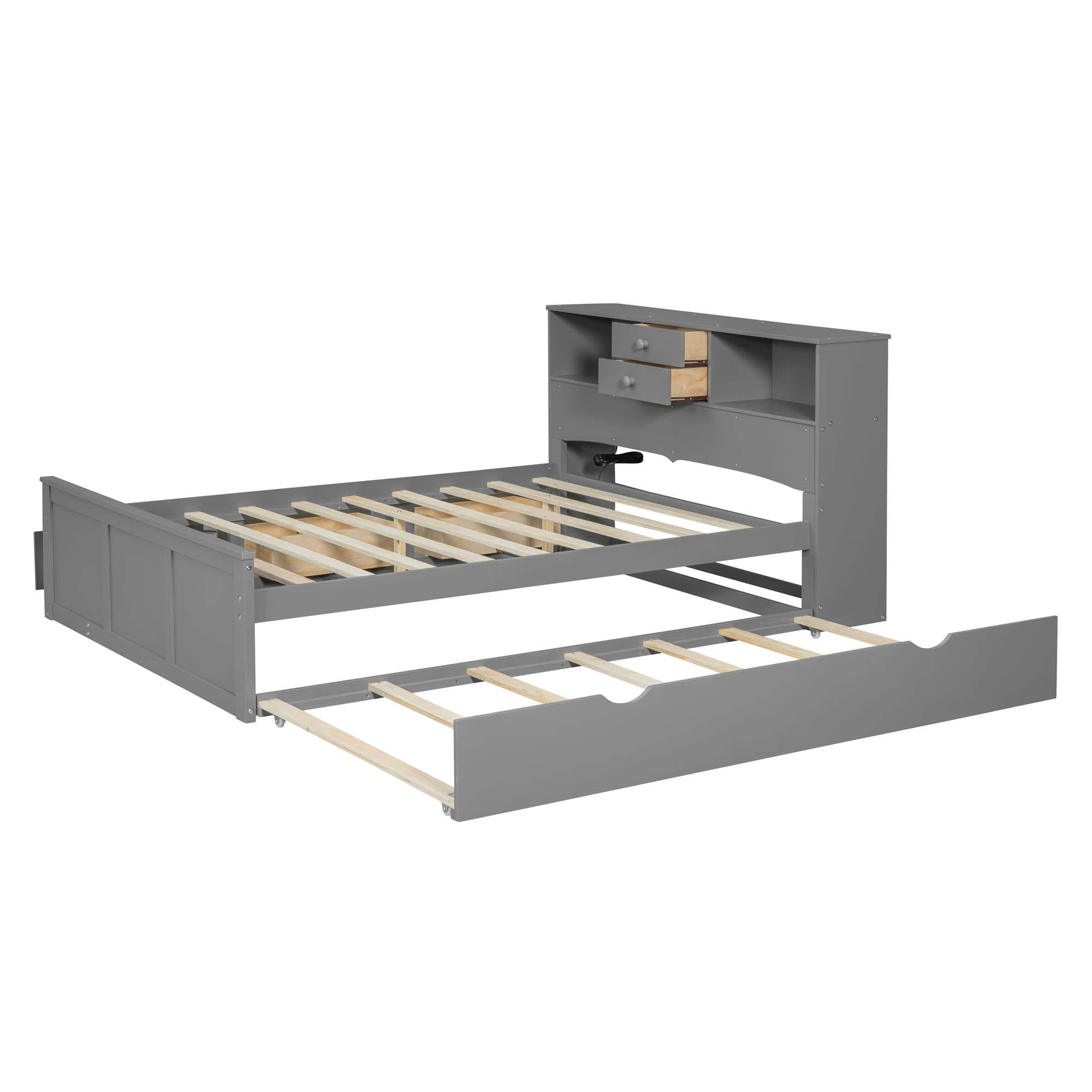 Wood Smart Full Platform Bed with Twin Trundle and Storage Headboard