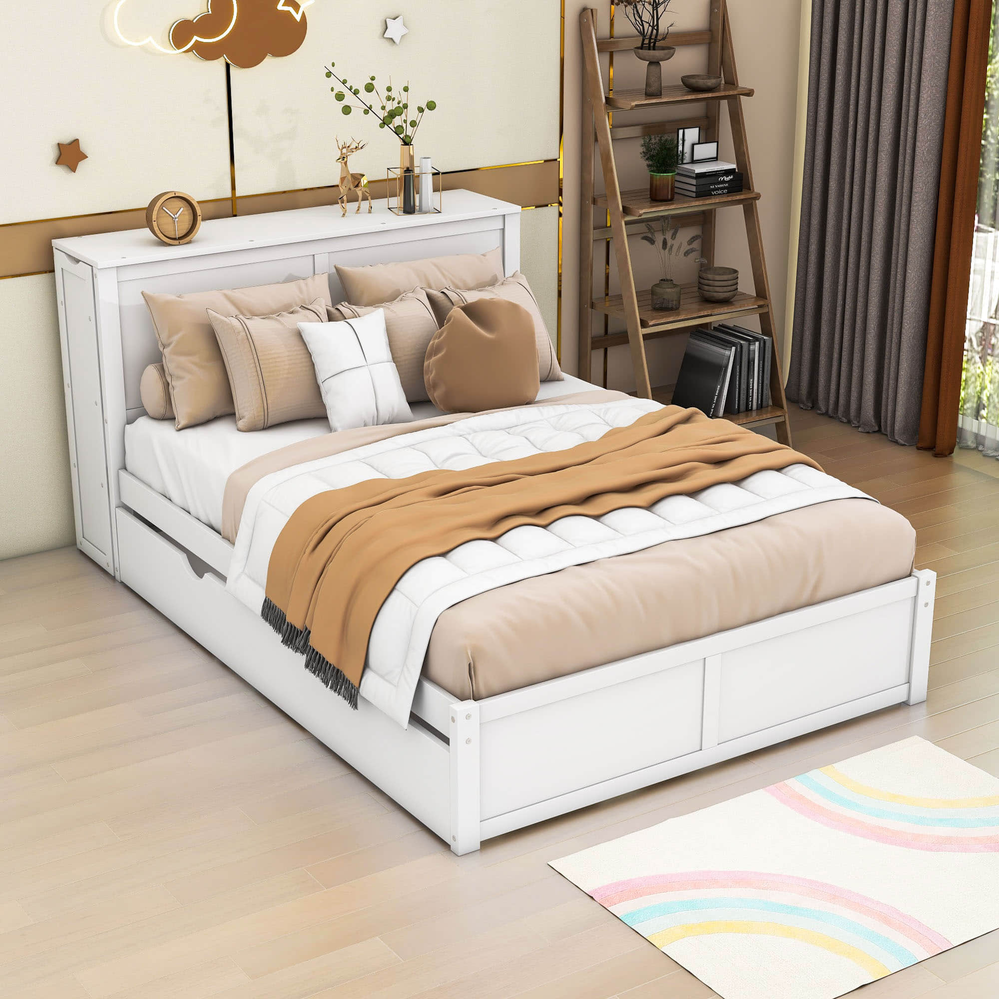 Full Platform Bed Frame with Pull Out Shelves and Twin Trundle