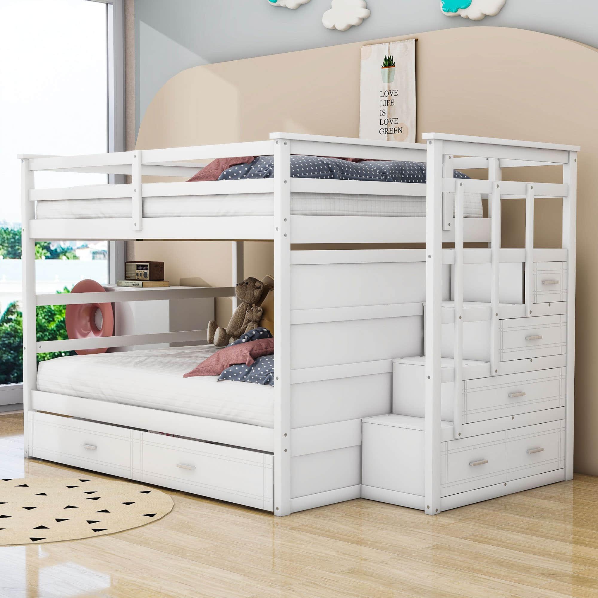 Full Size Bunk Beds with Stairs and Trundle, Storage for Kids, Adults