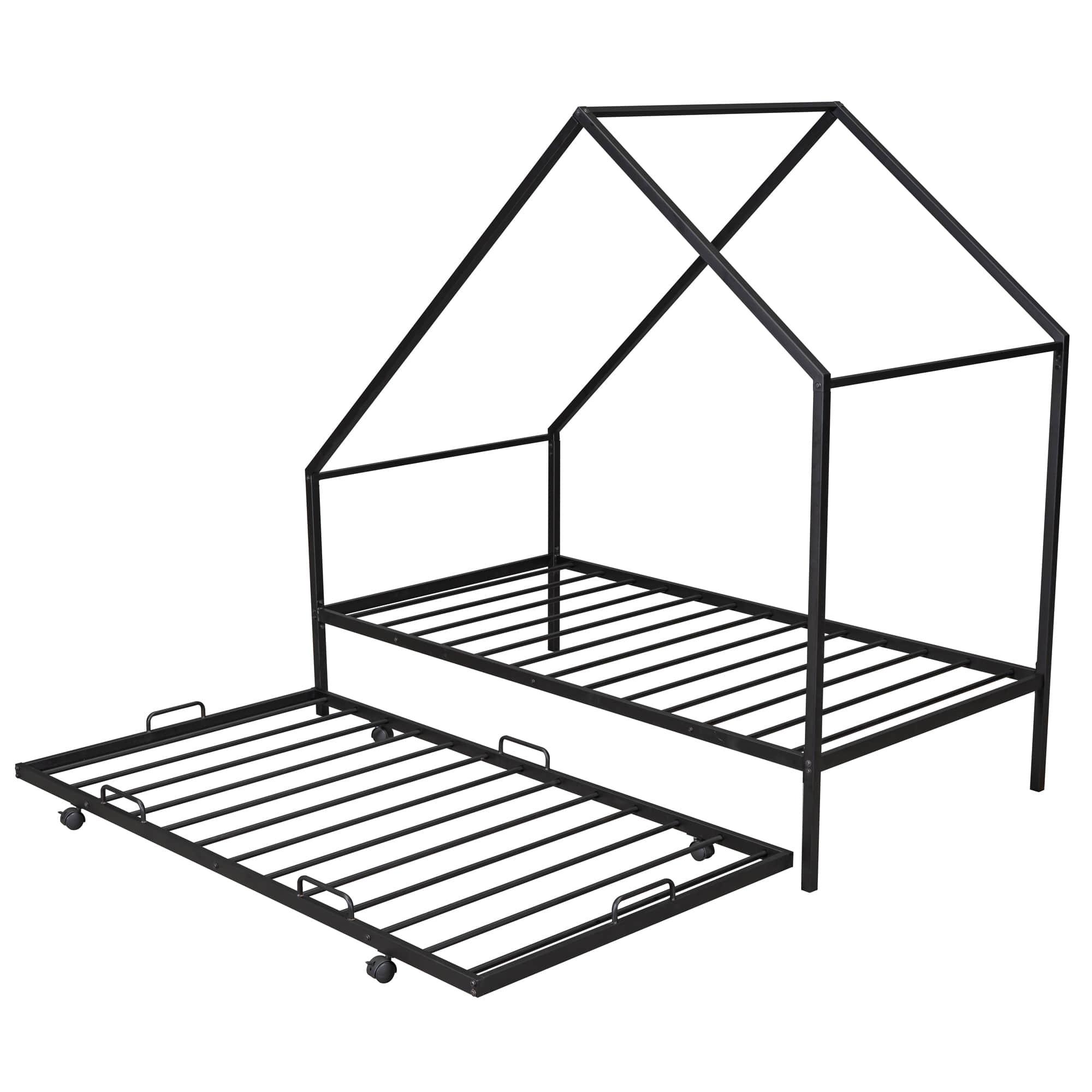 Twin Size Metal Tent House Bed Frame with Twin Trundle Bed