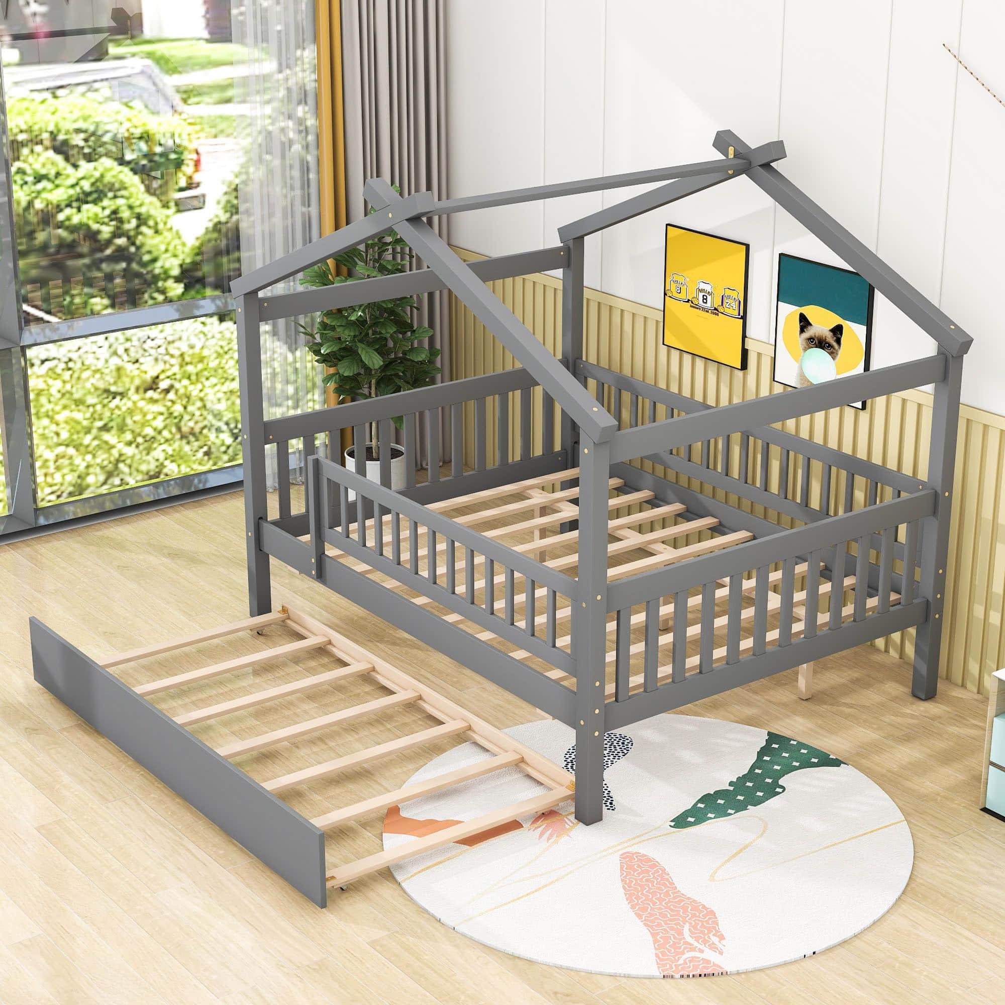 Wooden Full Size House Bed Frame with Twin Trundle for Kids, Toddler