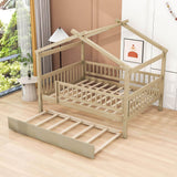 Wooden Full Size House Bed Frame with Twin Trundle for Kids, Toddler