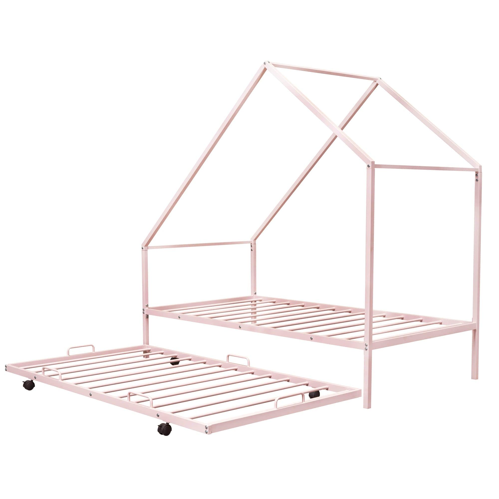 Twin Size Metal Tent House Bed Frame with Twin Trundle Bed