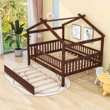 Wooden Full Size House Bed Frame with Twin Trundle for Kids, Toddler