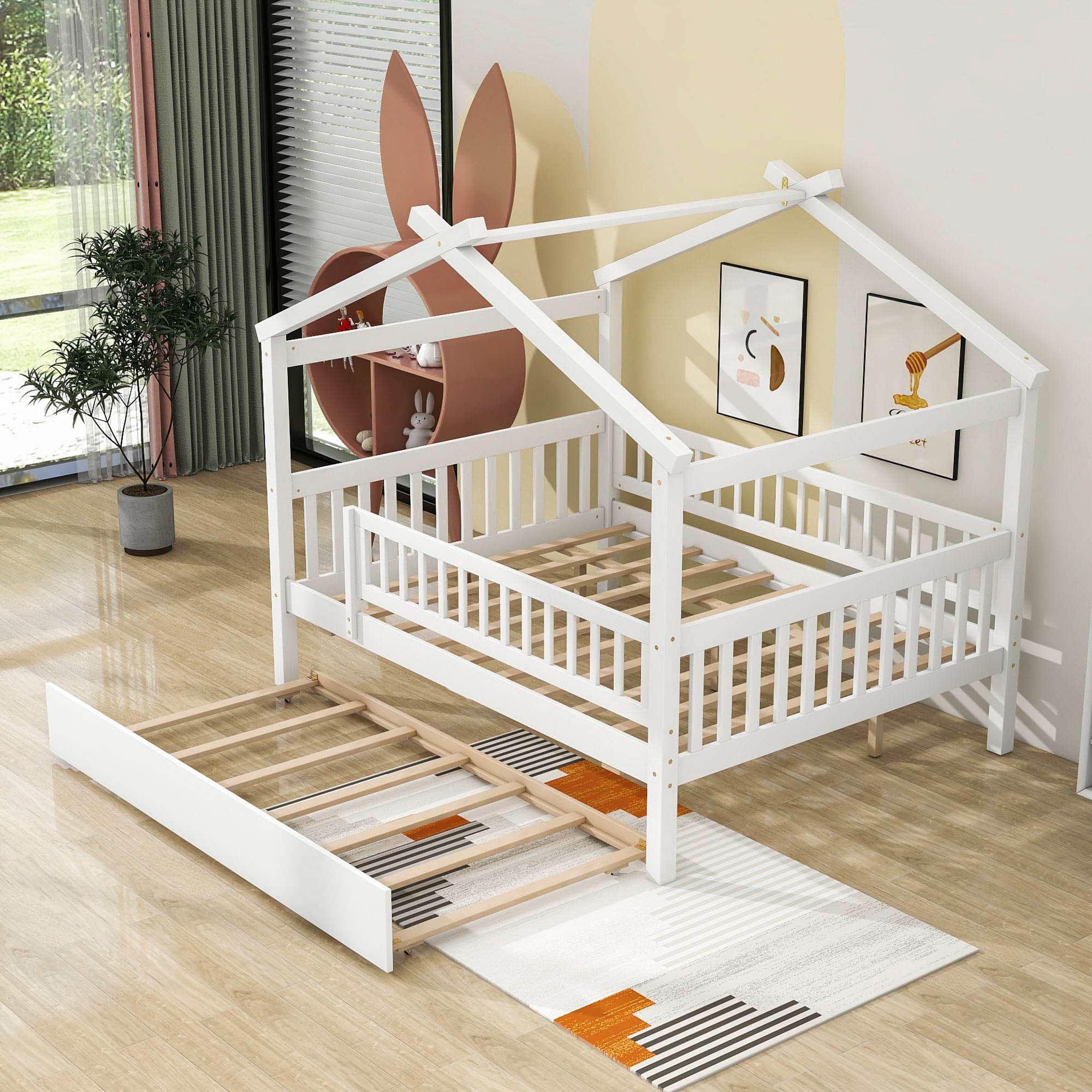 Wooden Full Size House Bed Frame with Twin Trundle for Kids, Toddler