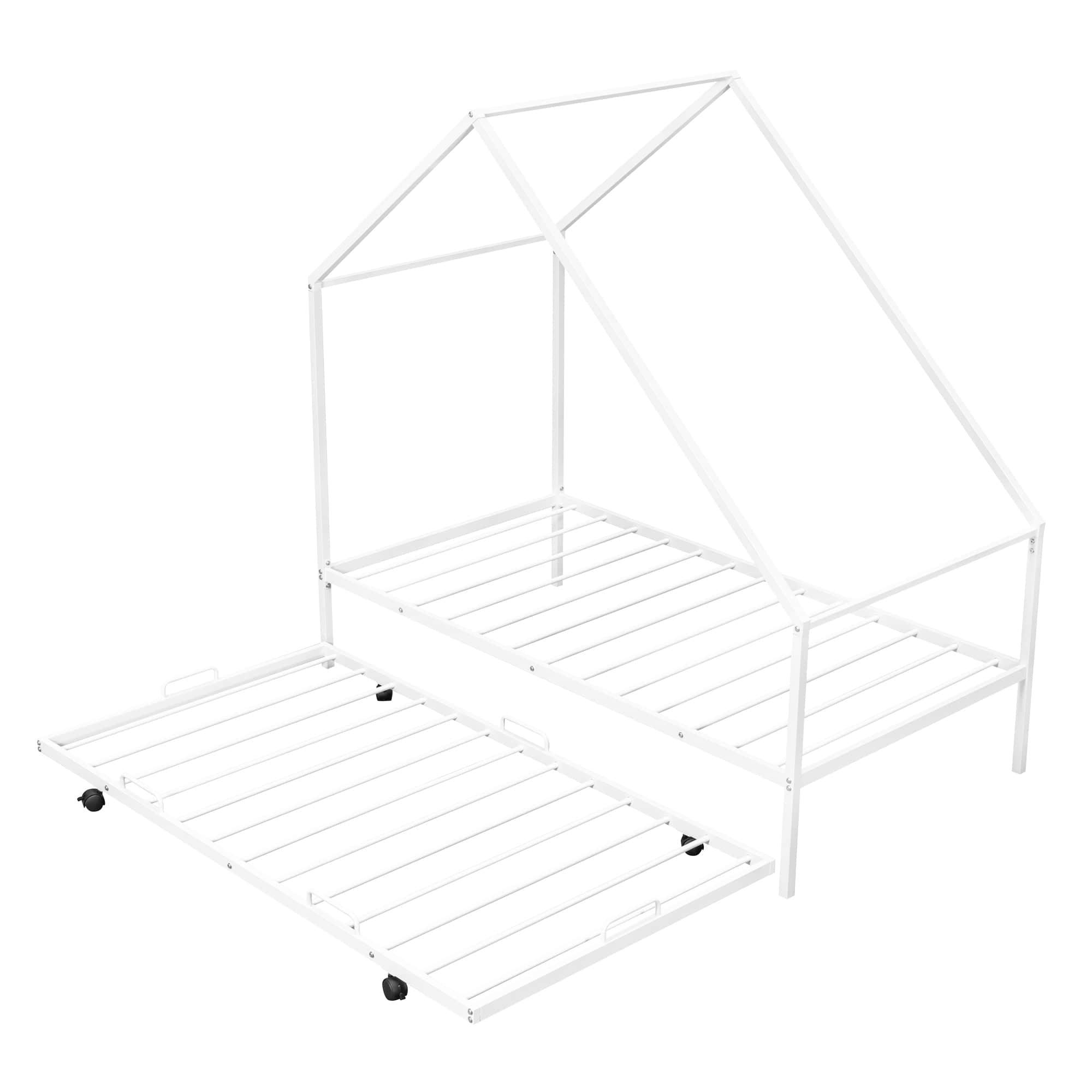 Twin Size Metal Tent House Bed Frame with Twin Trundle Bed