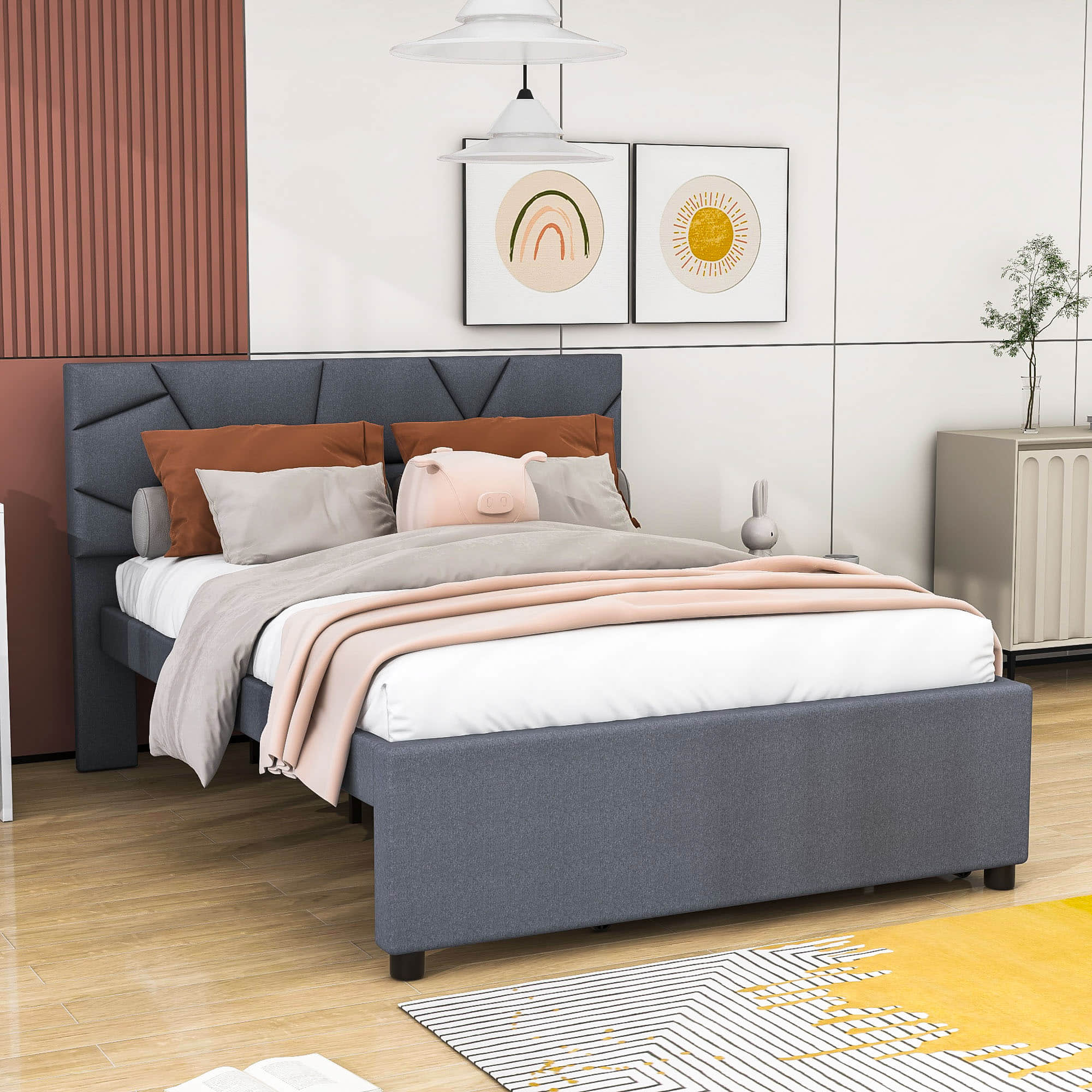 Full Upholstered Platform Bed Frame with Headboard, Twin Trundle Bed