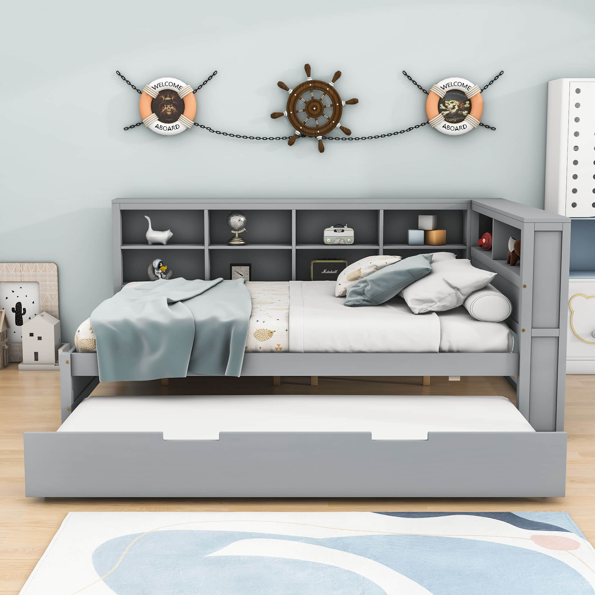 Modern Smart Full Size Wood Daybed with Twin Trundle and Storage