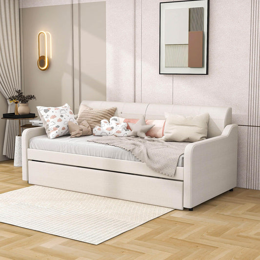 Twin Upholstered Daybed with Convertible Rising Trundle and USB Charging Socket