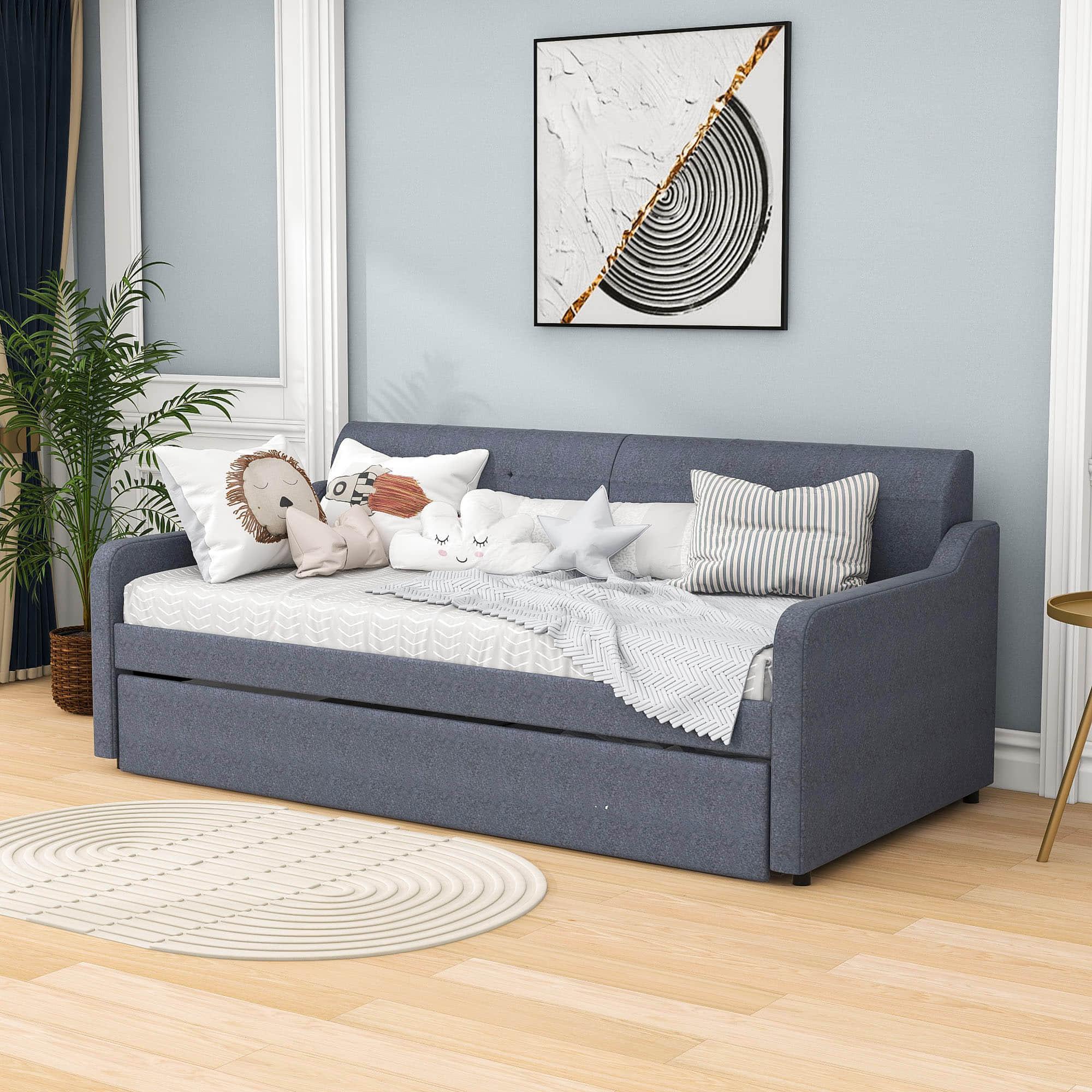 Twin Upholstered Daybed with Convertible Rising Trundle and USB Charging Socket