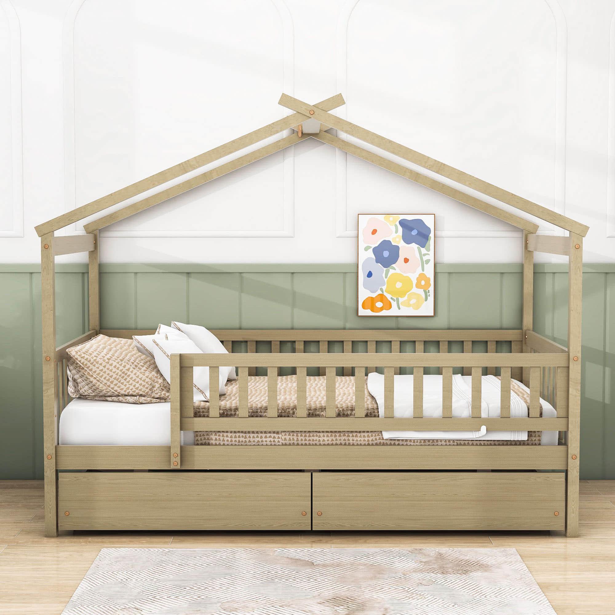 Twin Size Wood House Toddler Bed Frame with Rails and Storage