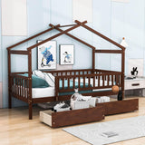 Twin Size Wood House Toddler Bed Frame with Rails and Storage