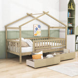 Twin Size Wood House Toddler Bed Frame with Rails and Storage