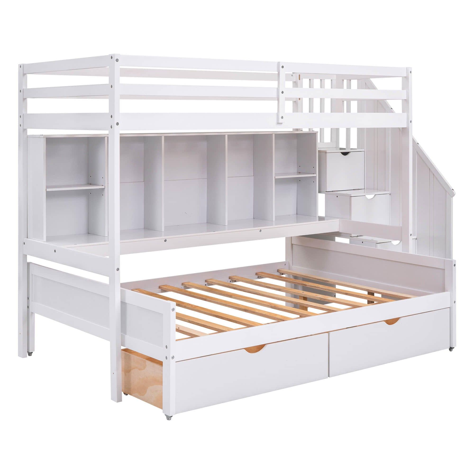 Twin XL Over Full Bunk Beds with Stairs and Storage Shelves, Drawers - [Detachable]