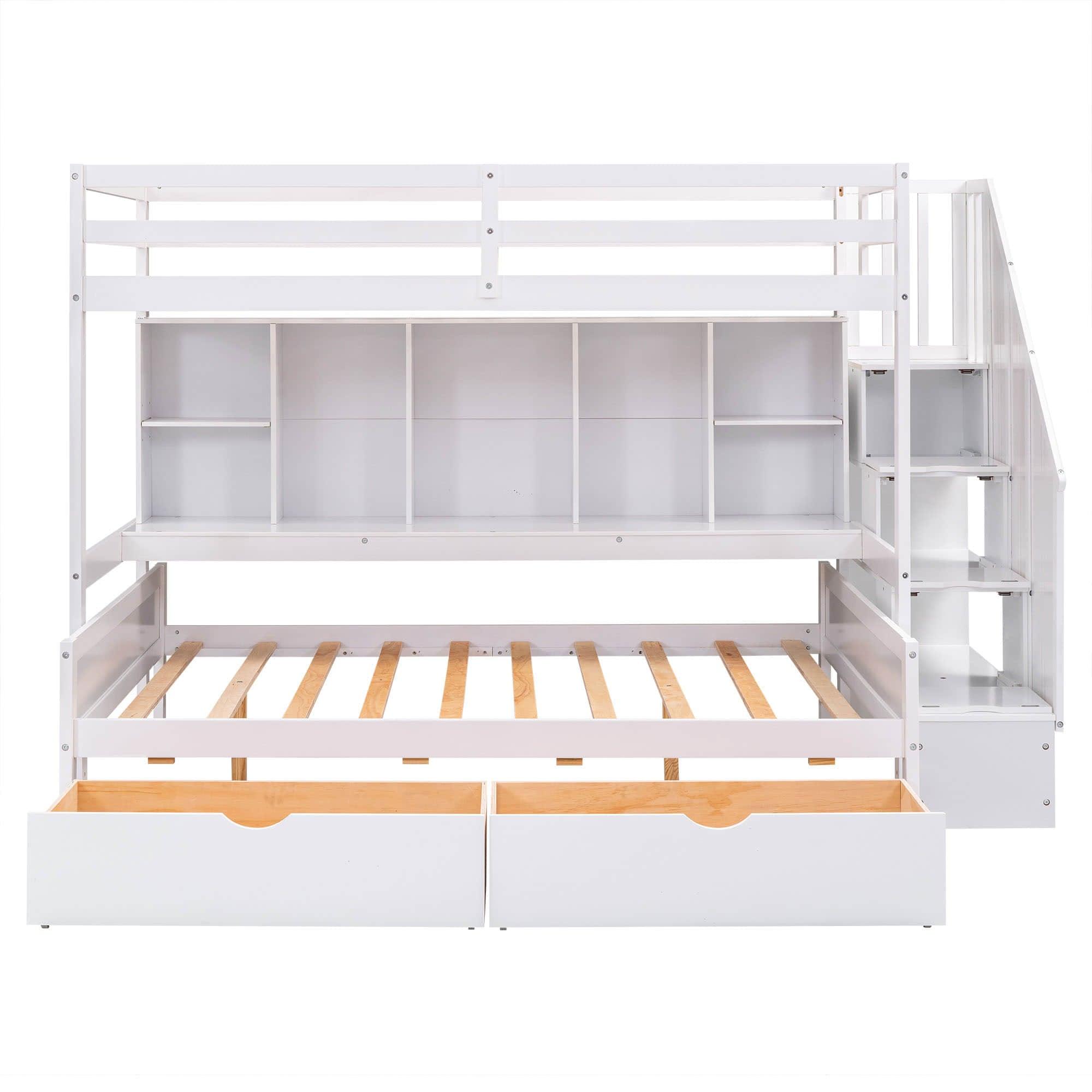 Twin XL Over Full Bunk Beds with Stairs and Storage Shelves, Drawers - [Detachable]