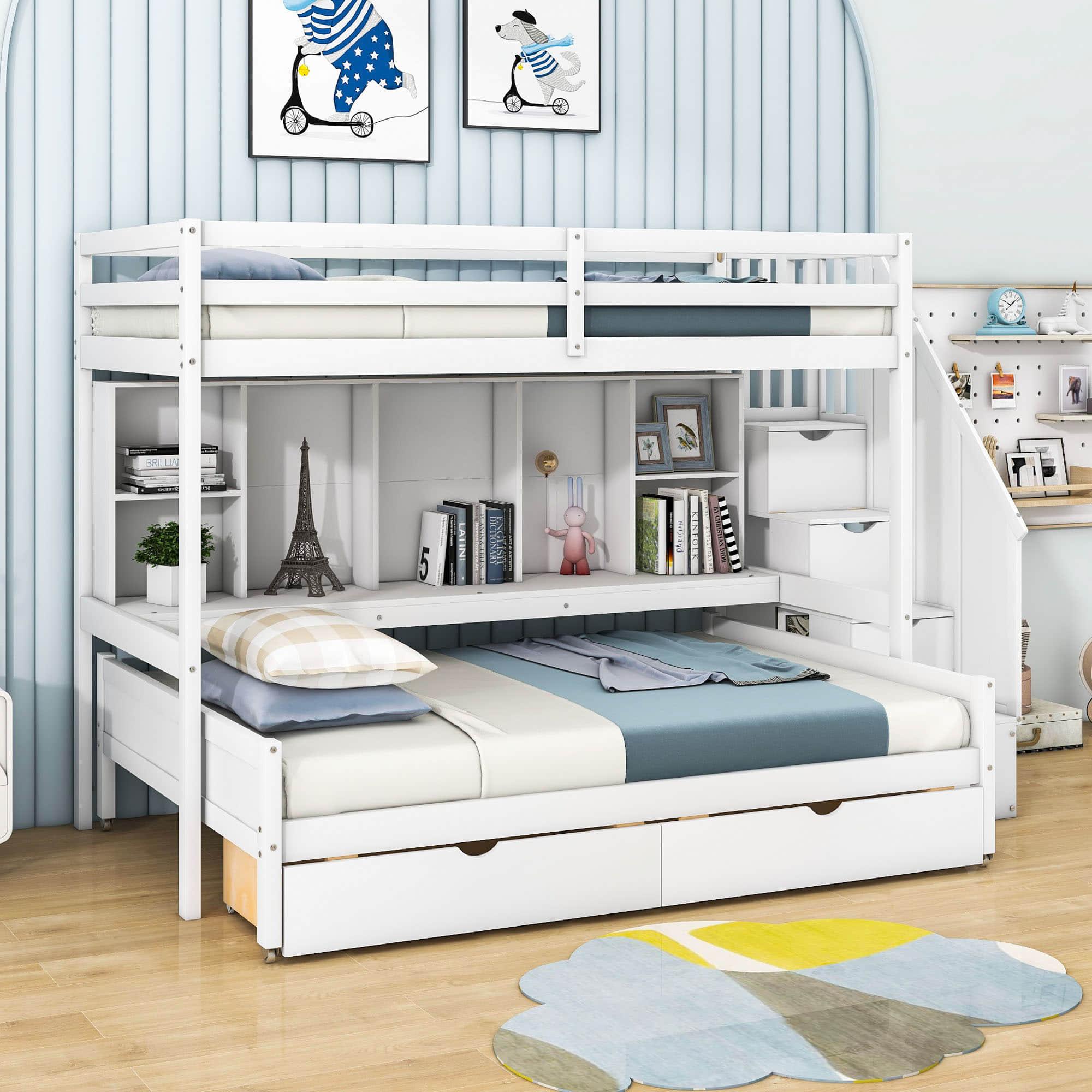 Twin XL Over Full Bunk Beds with Stairs and Storage Shelves, Drawers - [Detachable]