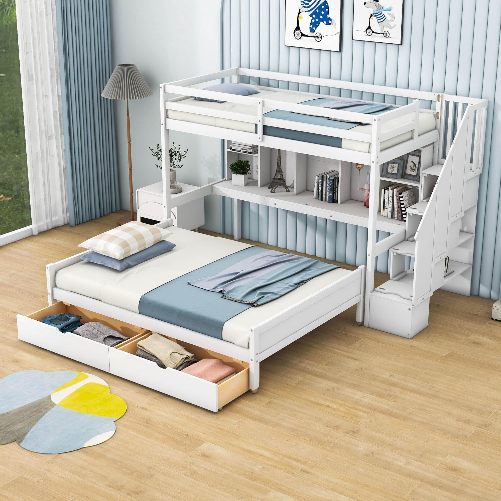 Twin XL Over Full Bunk Beds with Stairs and Storage Shelves, Drawers - [Detachable]