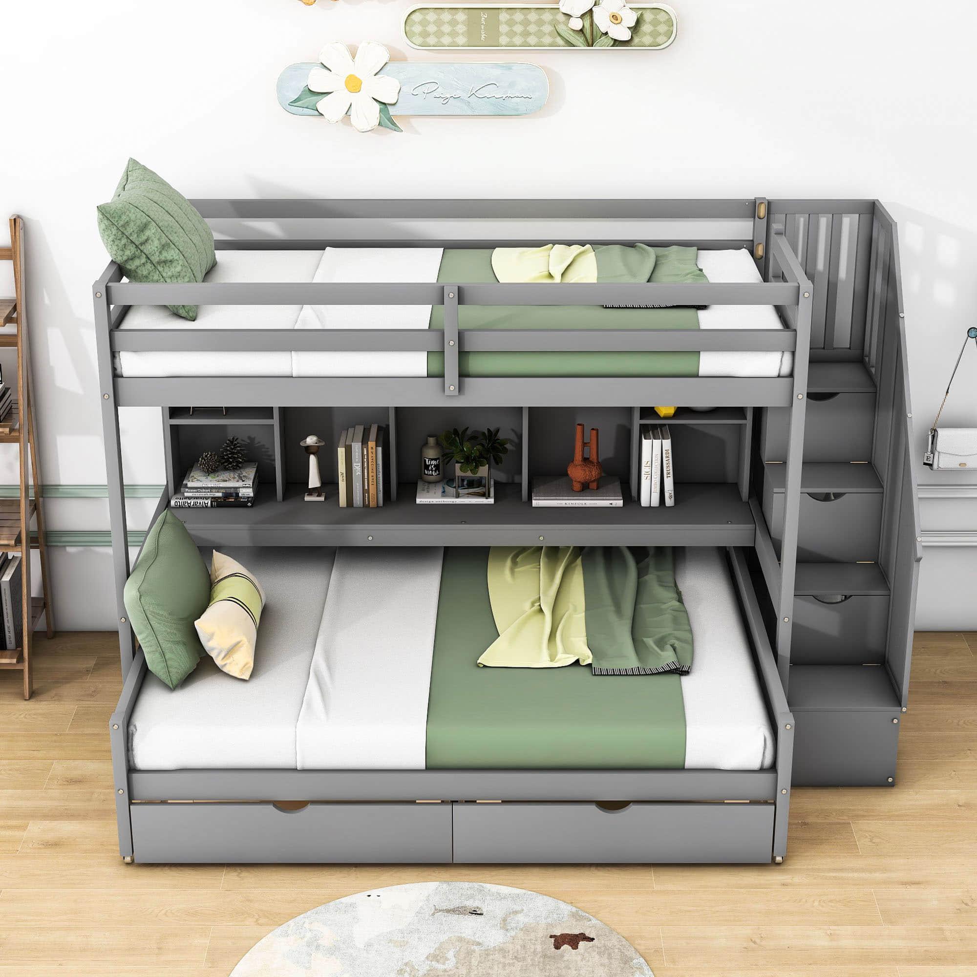 Twin XL Over Full Bunk Beds with Stairs and Storage Shelves, Drawers - [Detachable]