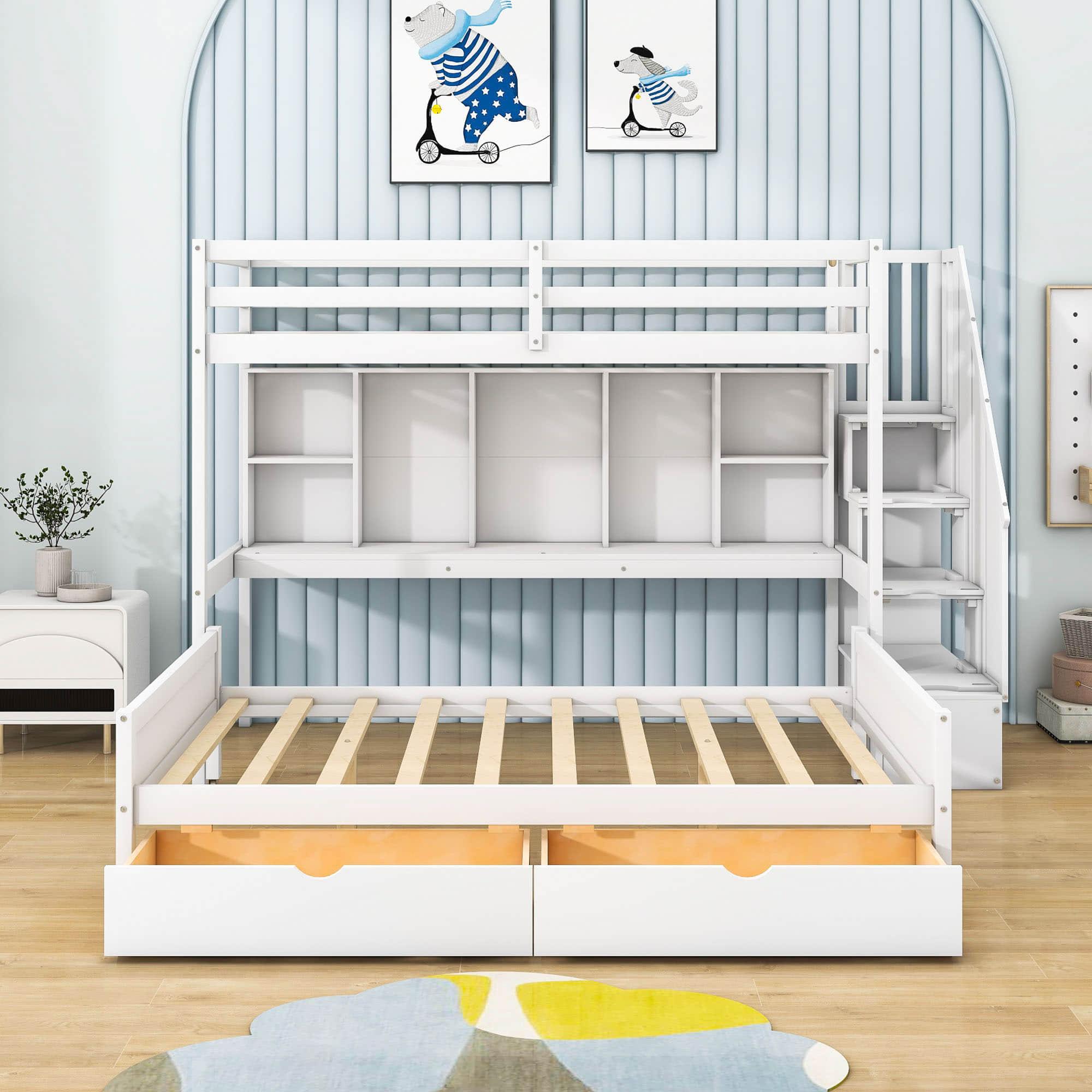 Twin XL Over Full Bunk Beds with Stairs and Storage Shelves, Drawers - [Detachable]