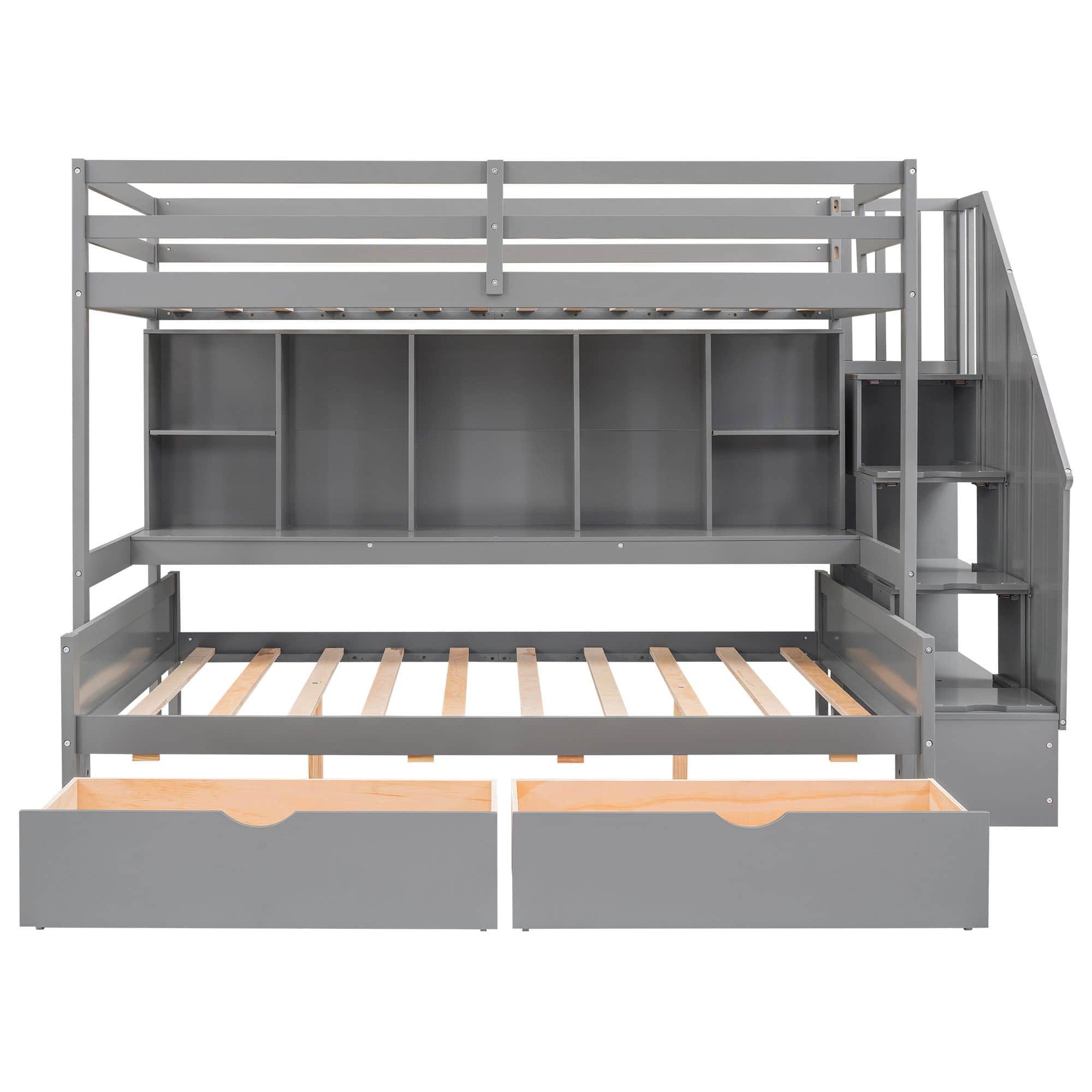 Twin XL Over Full Bunk Beds with Stairs and Storage Shelves, Drawers - [Detachable]