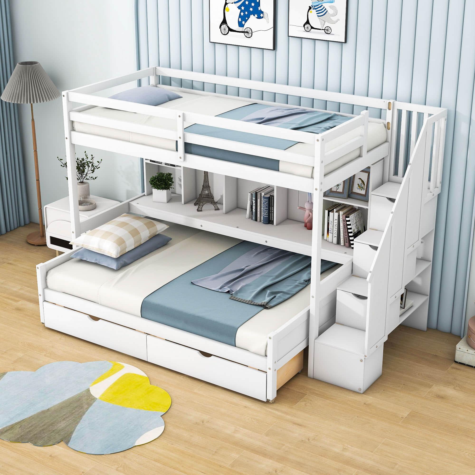 Twin XL Over Full Bunk Beds with Stairs and Storage Shelves, Drawers - [Detachable]