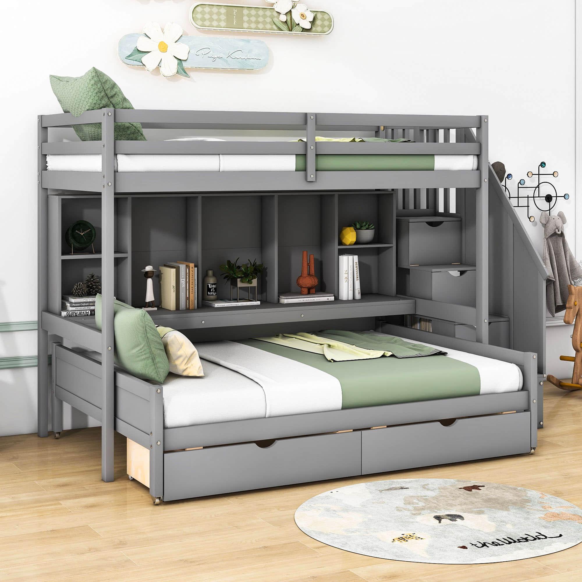 Twin XL Over Full Bunk Beds with Stairs and Storage Shelves, Drawers - [Detachable]