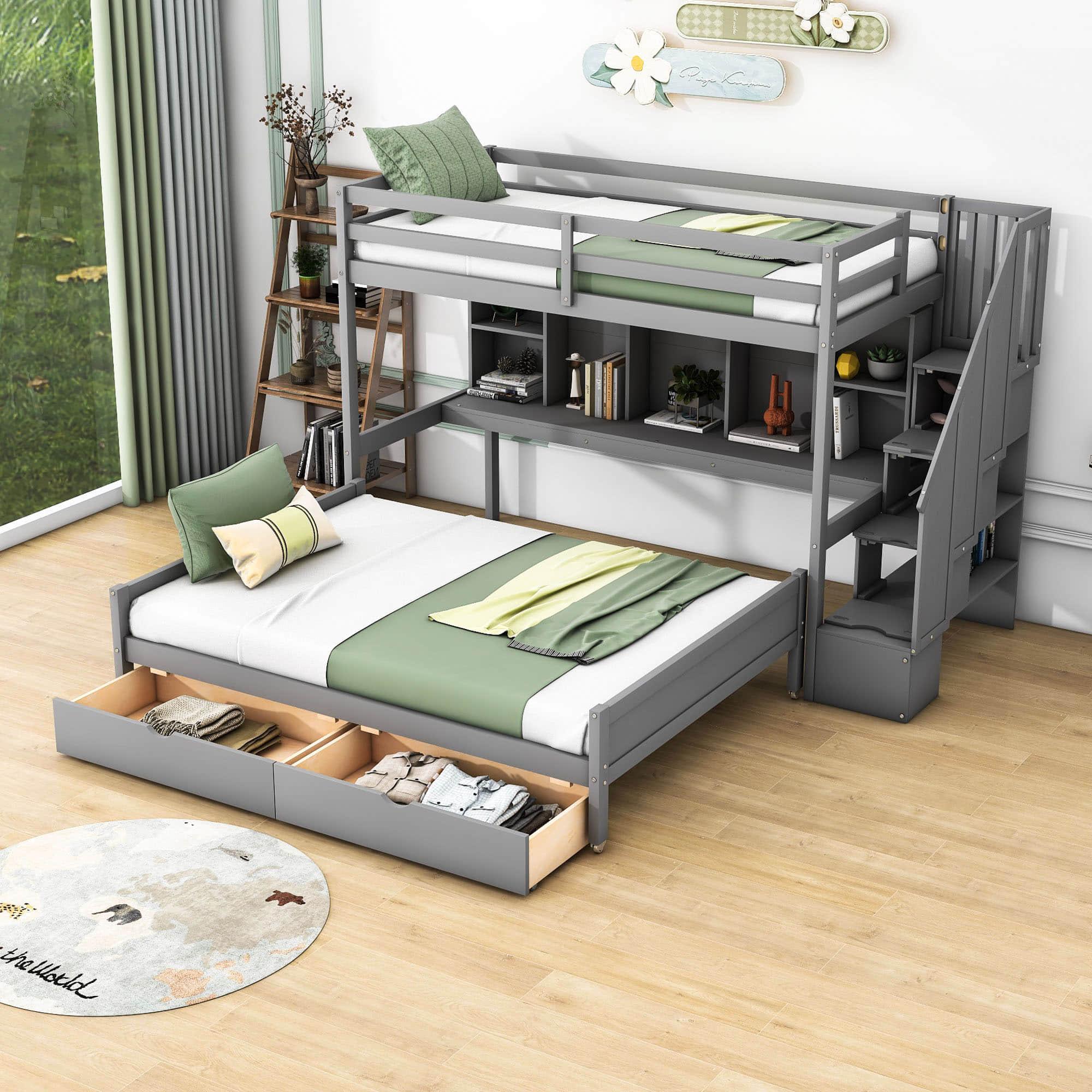 Twin XL Over Full Bunk Beds with Stairs and Storage Shelves, Drawers - [Detachable]