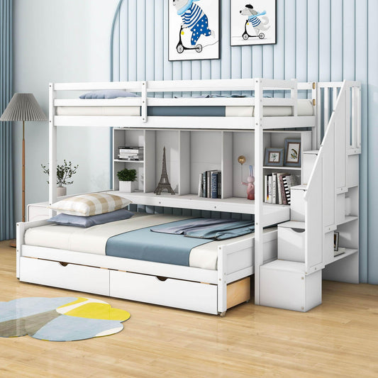 Twin XL Over Full Bunk Beds with Stairs and Storage Shelves, Drawers - [Detachable]