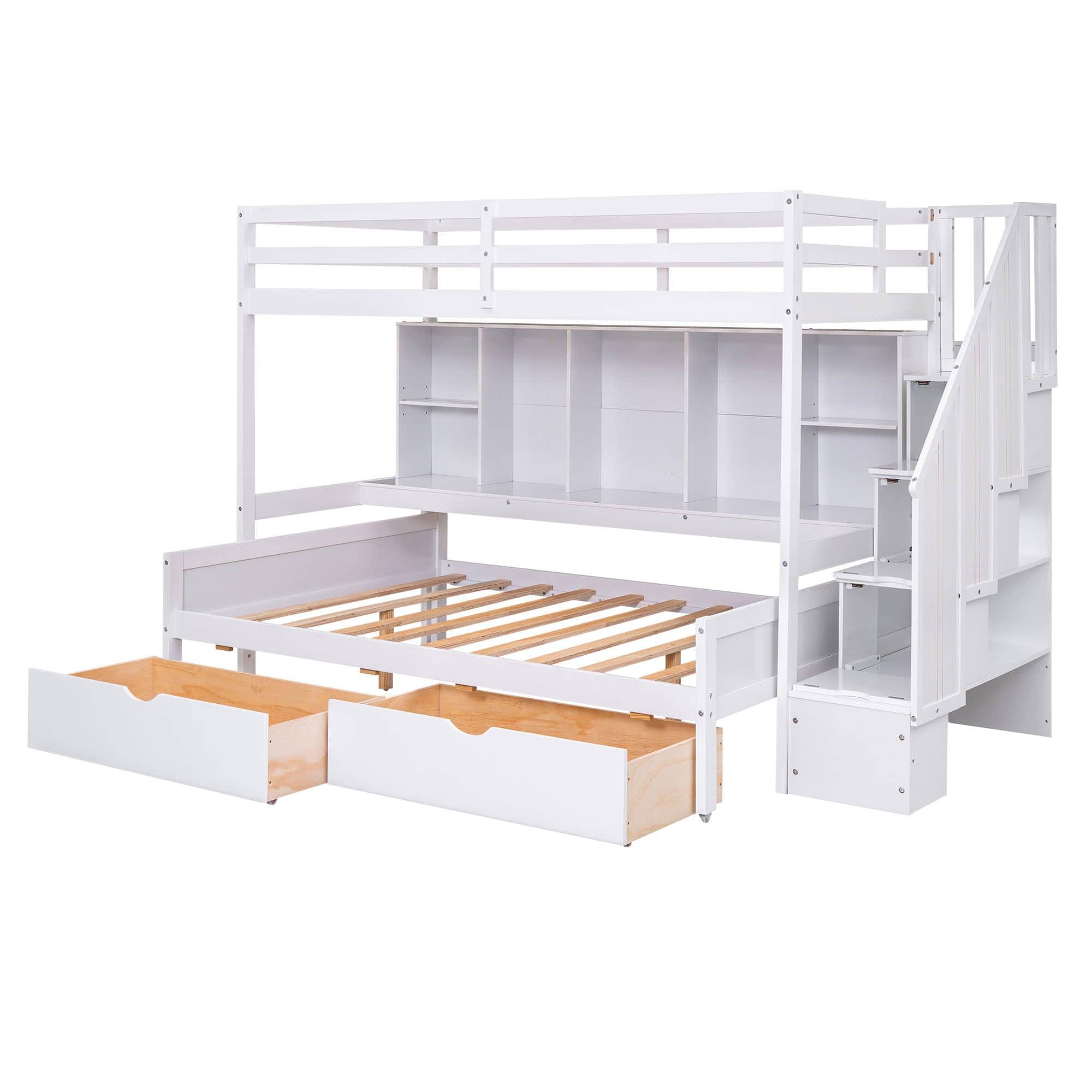 Twin XL Over Full Bunk Beds with Stairs and Storage Shelves, Drawers - [Detachable]