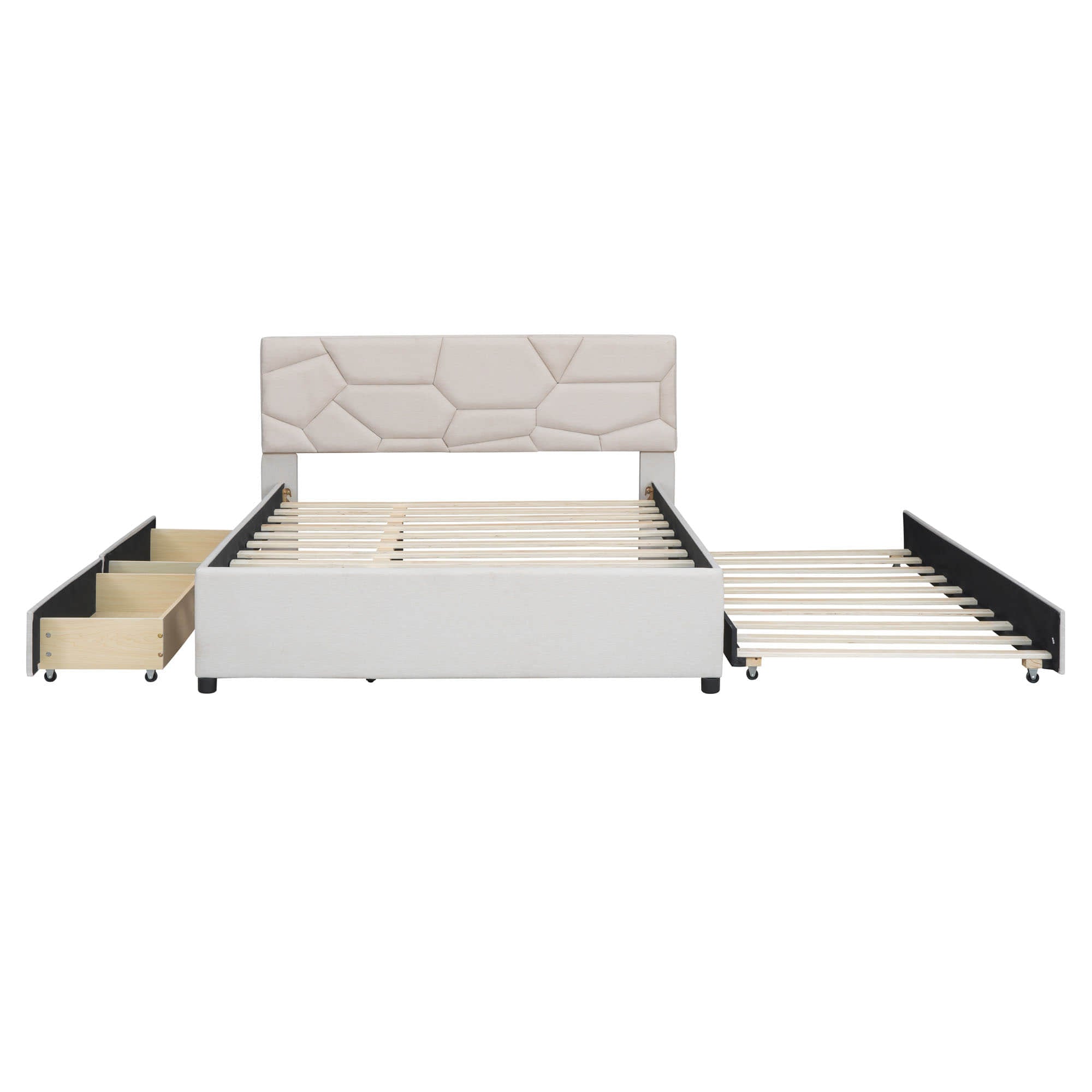 Queen Platform Upholstered Bed Frame with Headboard, Twin XL Trundle Bed