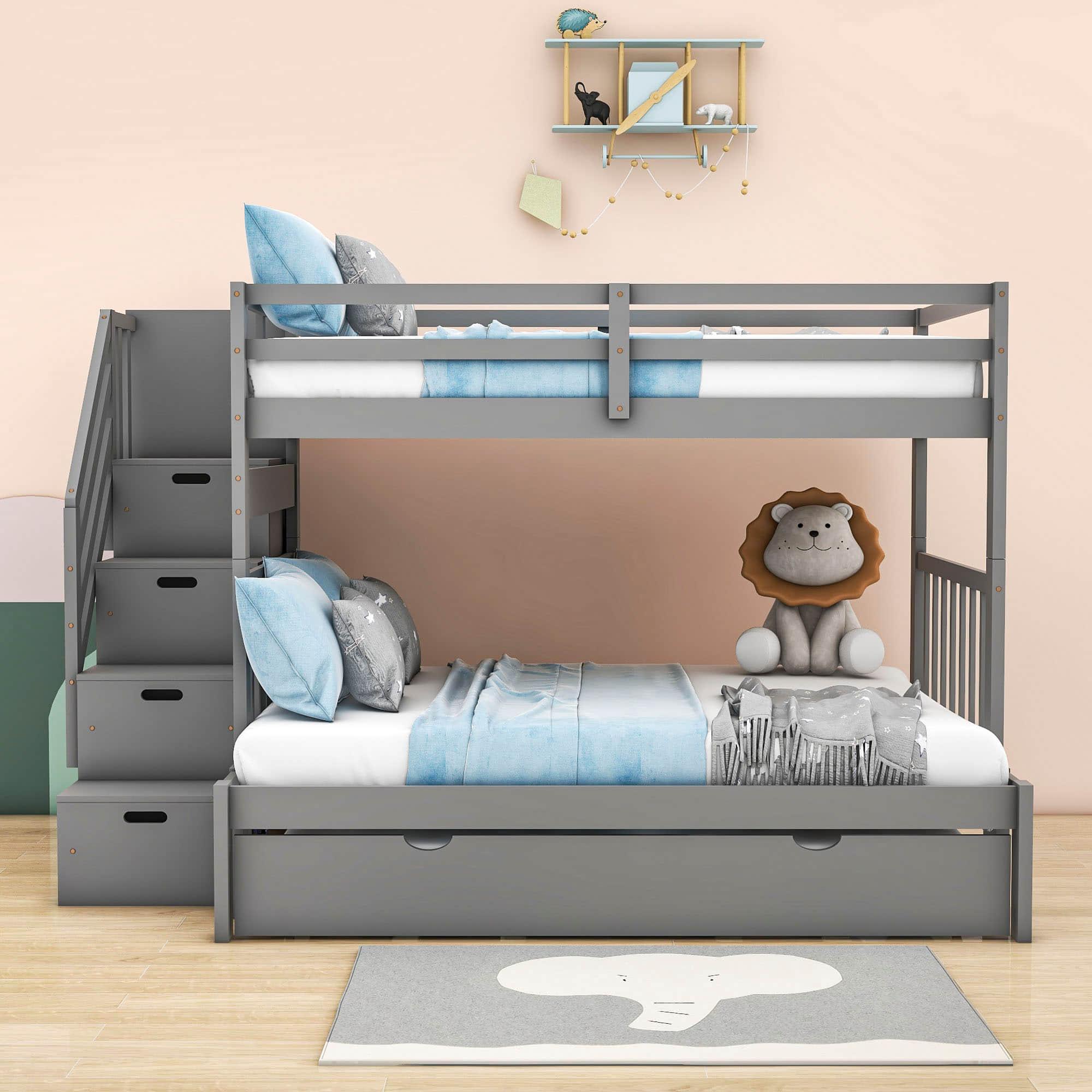 Wood Twin Over Twin / Full Bunk Bed with Trundle and Storage - [Shelves, Drawers, Stairs]