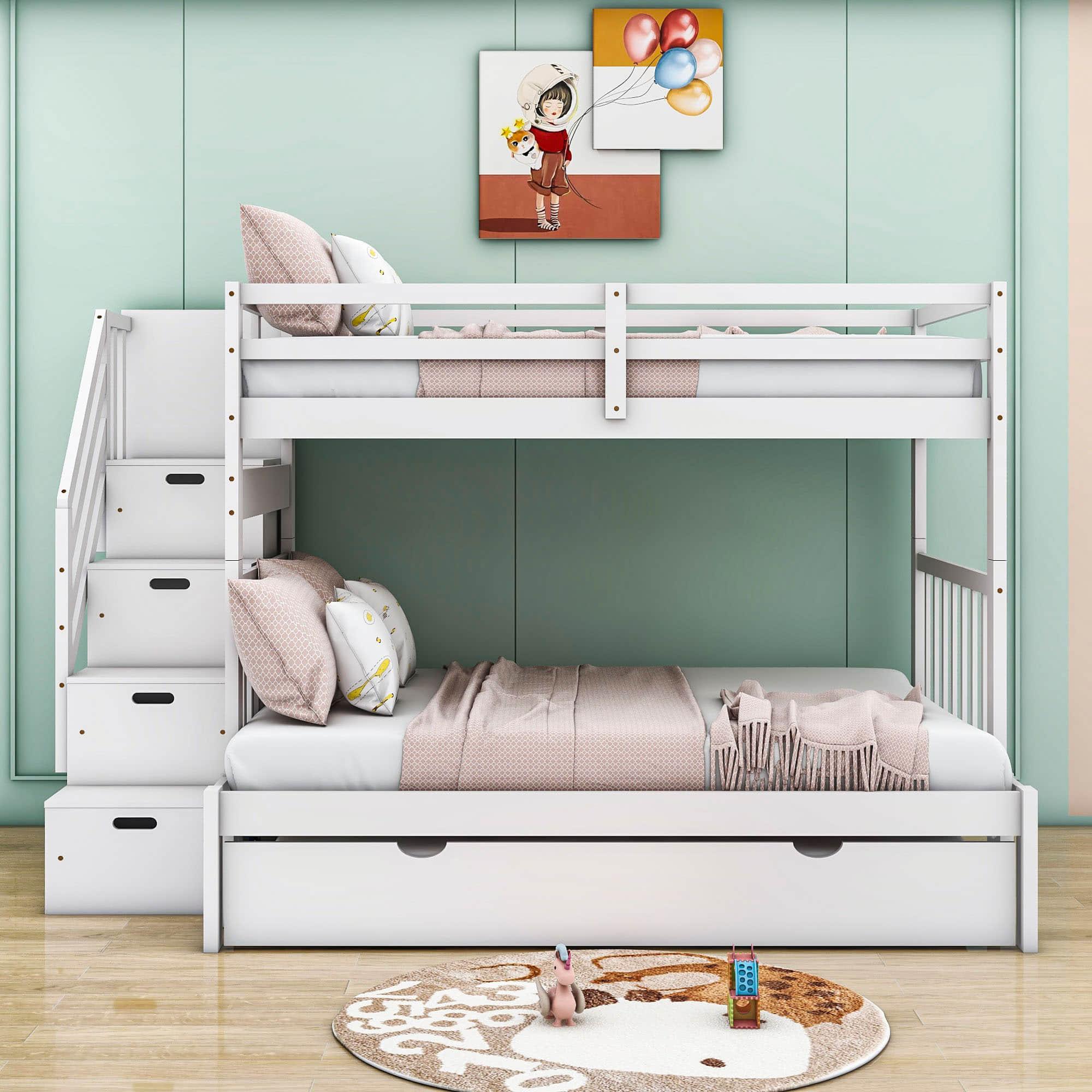 Wood Twin Over Twin / Full Bunk Bed with Trundle and Storage - [Shelves, Drawers, Stairs]