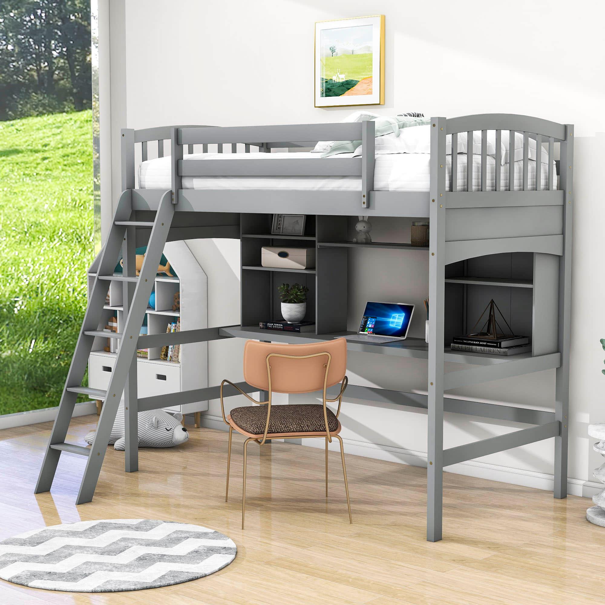 Convertible Twin High Loft Bed with Desk and Shelves - [Storage, Ladder, Wood]