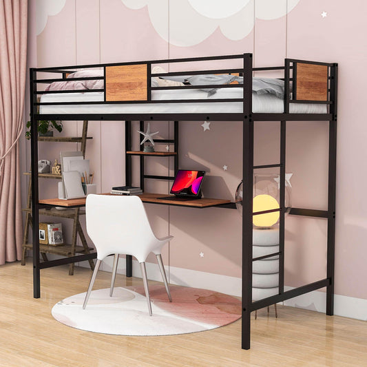 Metal Twin High Loft Bed with Desk and Shelve for Adults Teenagers