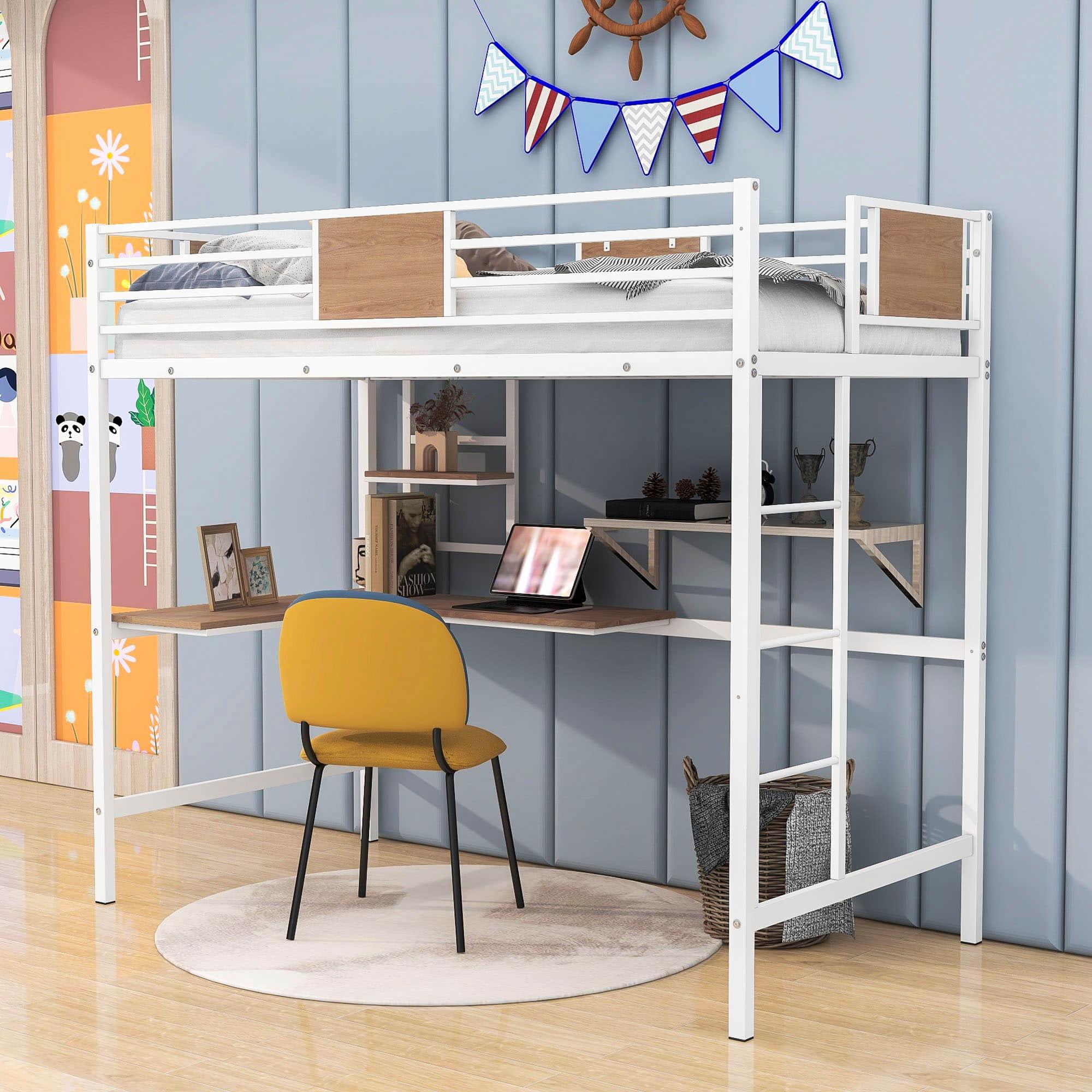 Metal Twin High Loft Bed with Desk and Shelve for Adults Teenagers