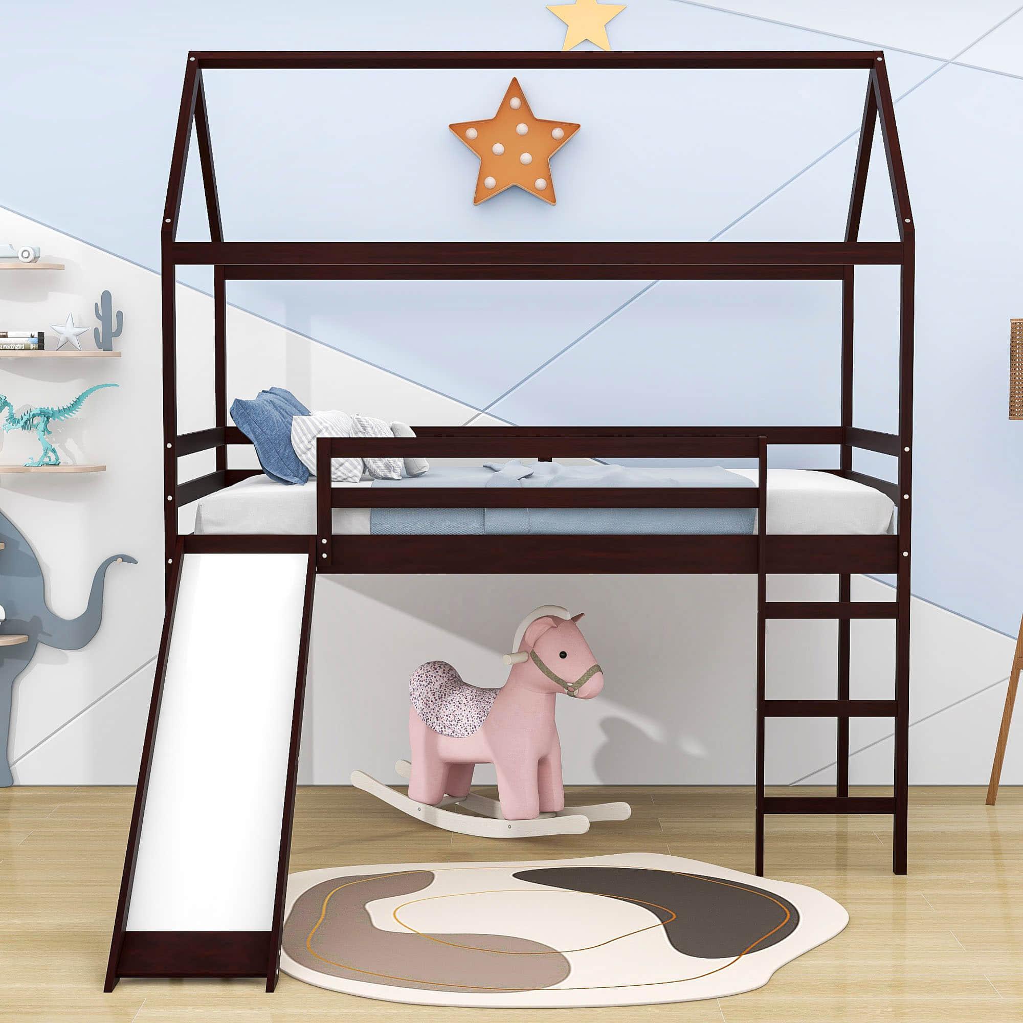 Wood Twin Medium House Loft Bed with Slide and Ladder