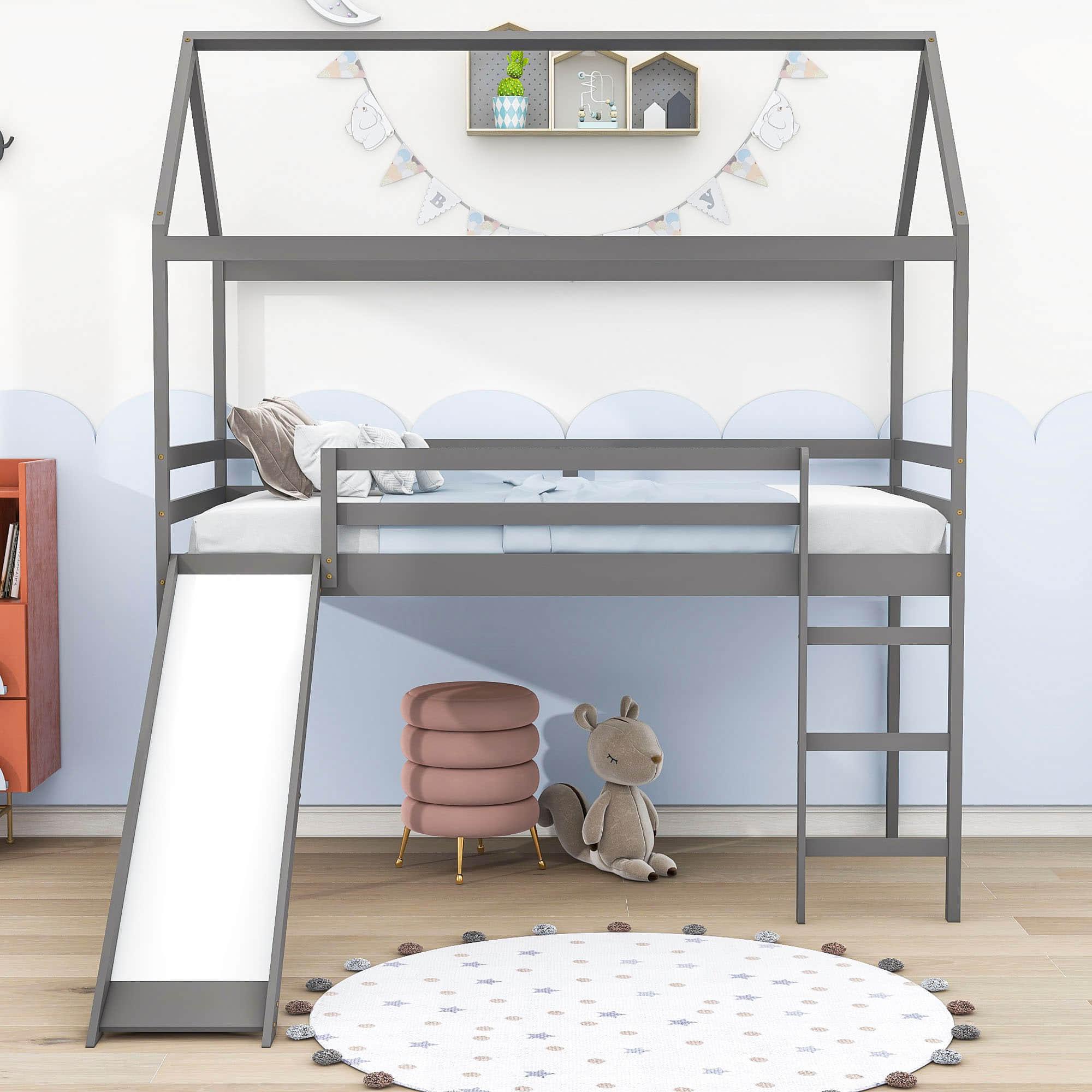 Wood Twin Medium House Loft Bed with Slide and Ladder