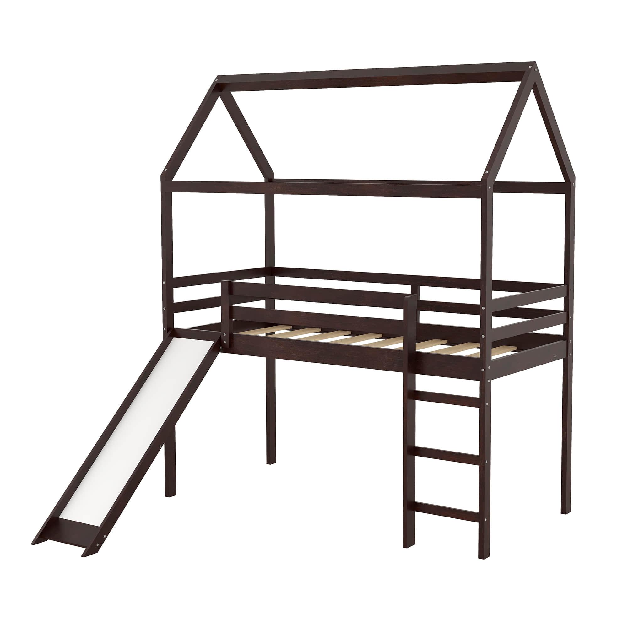 Wood Twin Medium House Loft Bed with Slide and Ladder