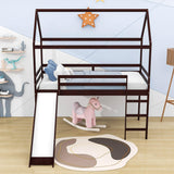 Wood Twin Medium House Loft Bed with Slide and Ladder