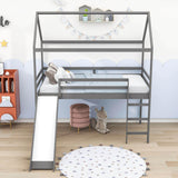 Wood Twin Medium House Loft Bed with Slide and Ladder