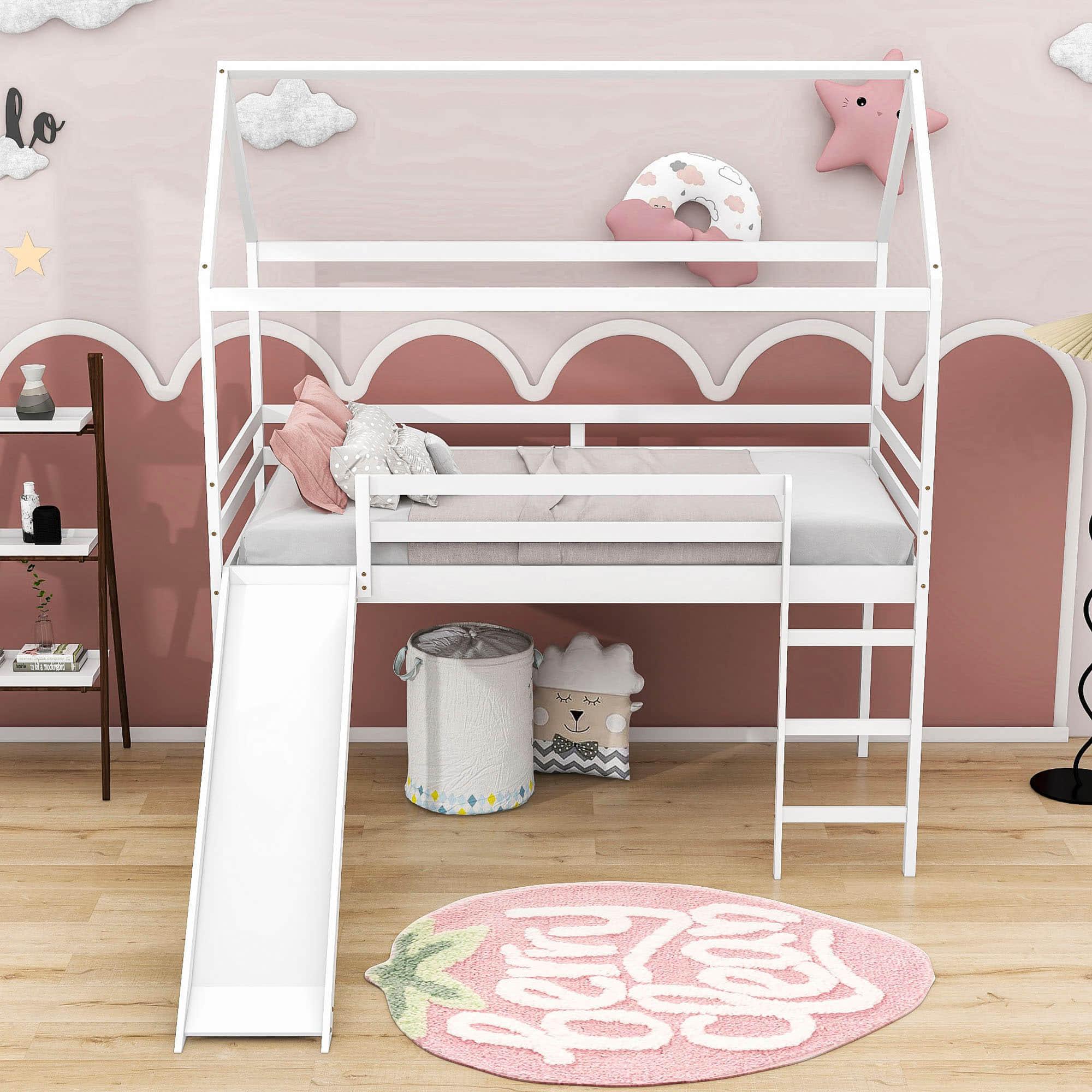 Wood Twin Medium House Loft Bed with Slide and Ladder